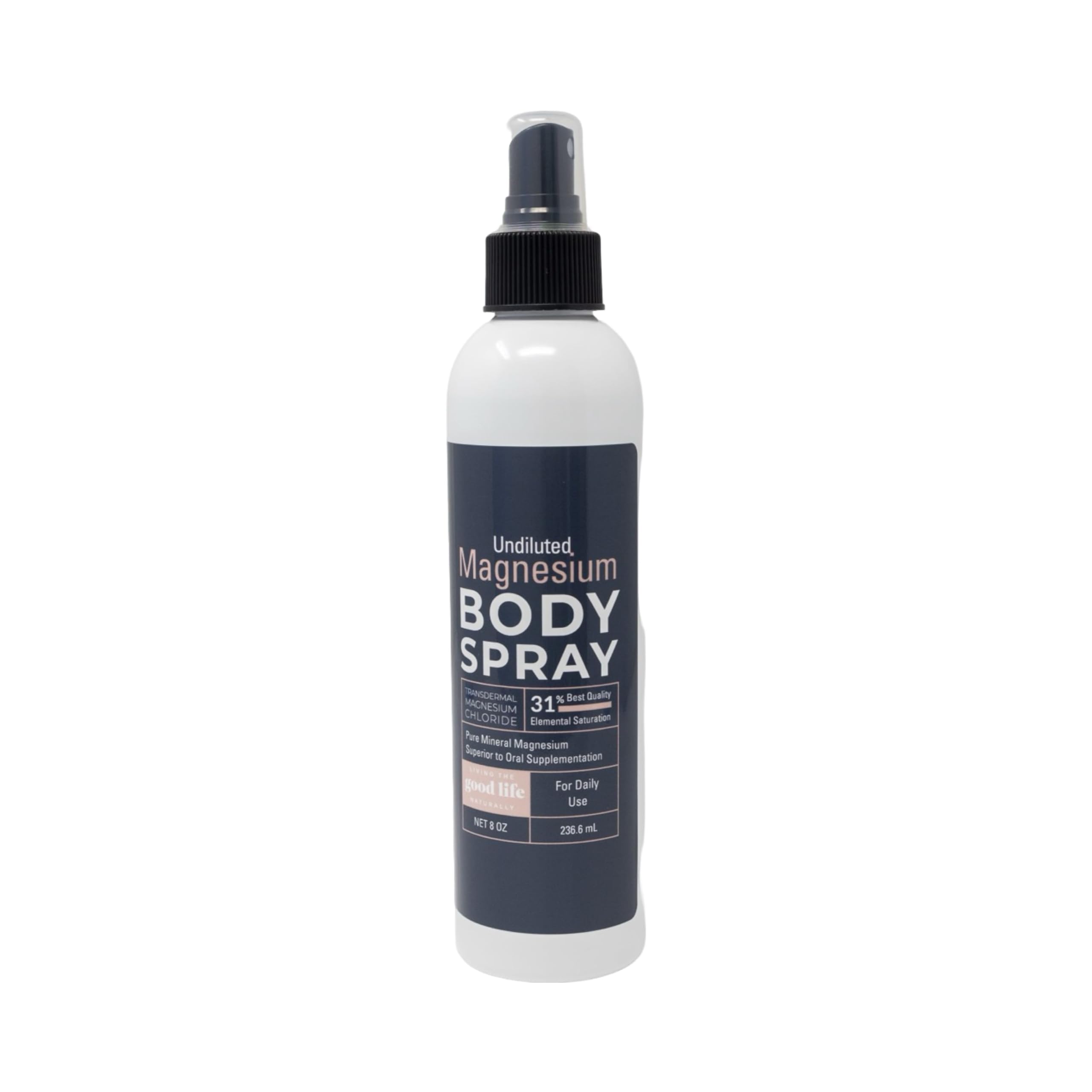 Spray de magnesio Living the Good Life Naturally, botella de 8 oz para relajación suave diaria.