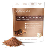 Frasco de Living Well con el polvo de chocolate electrolito para hidratación diaria.