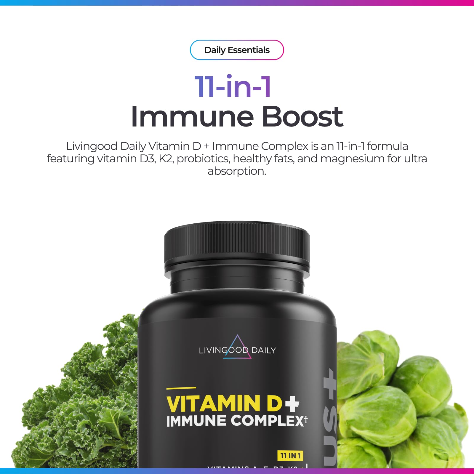 Livingood Daily cápsulas D3 K2 4000 UI, enfoque en absorción de vitaminas liposolubles.