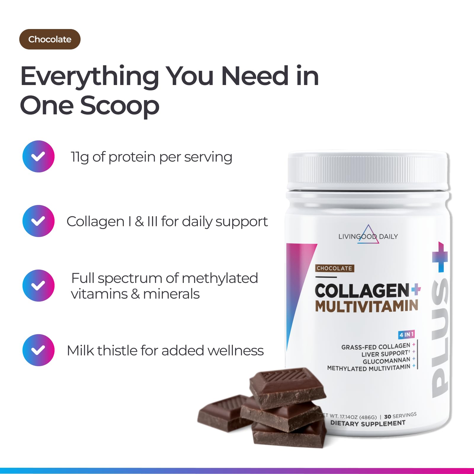 Livingood Daily Colágeno en polvo Chocolate, batido cremoso para piel y cabello.