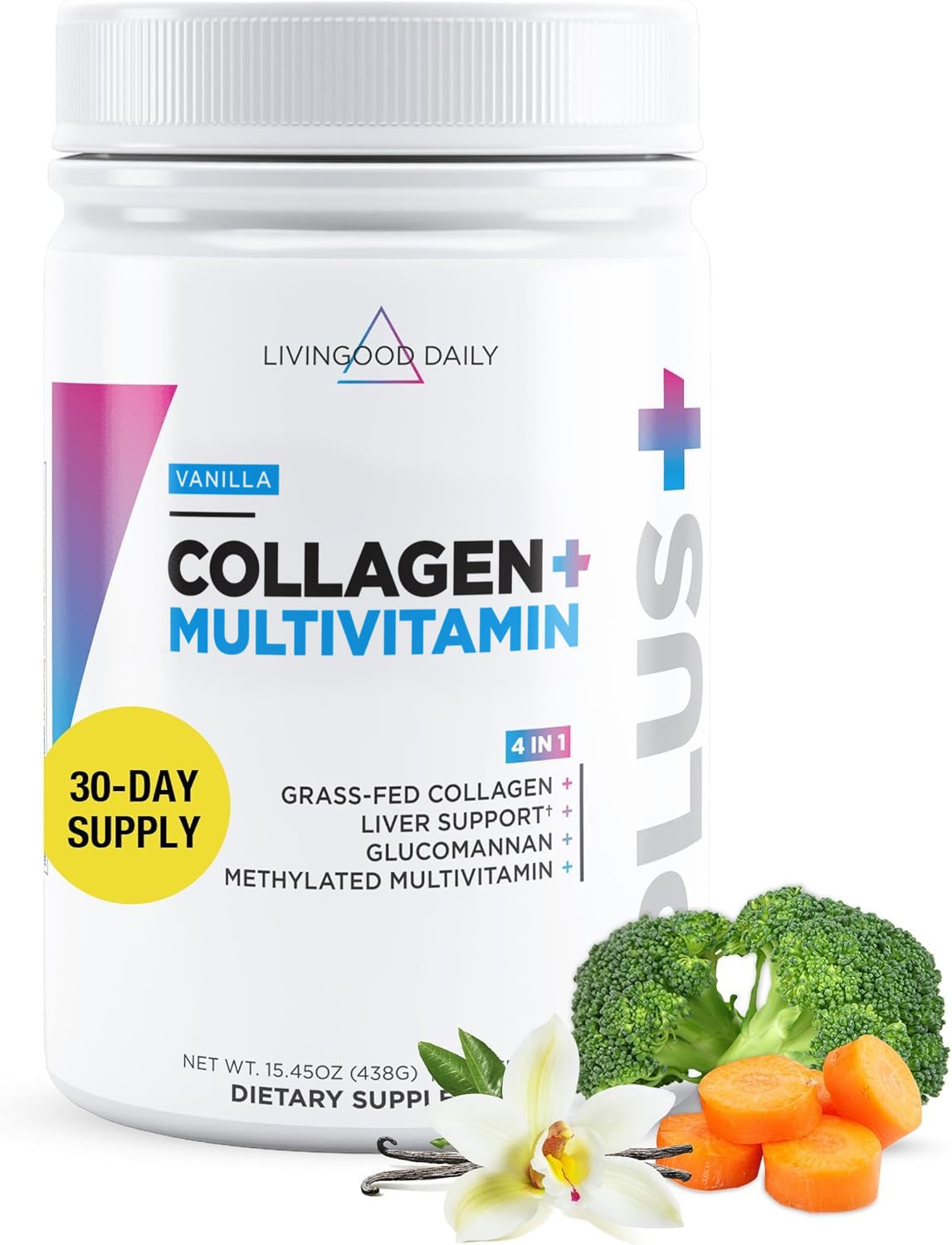 Livingood Daily vanilla collagen powder tub ready for a morning coffee ritual to support skin and hair