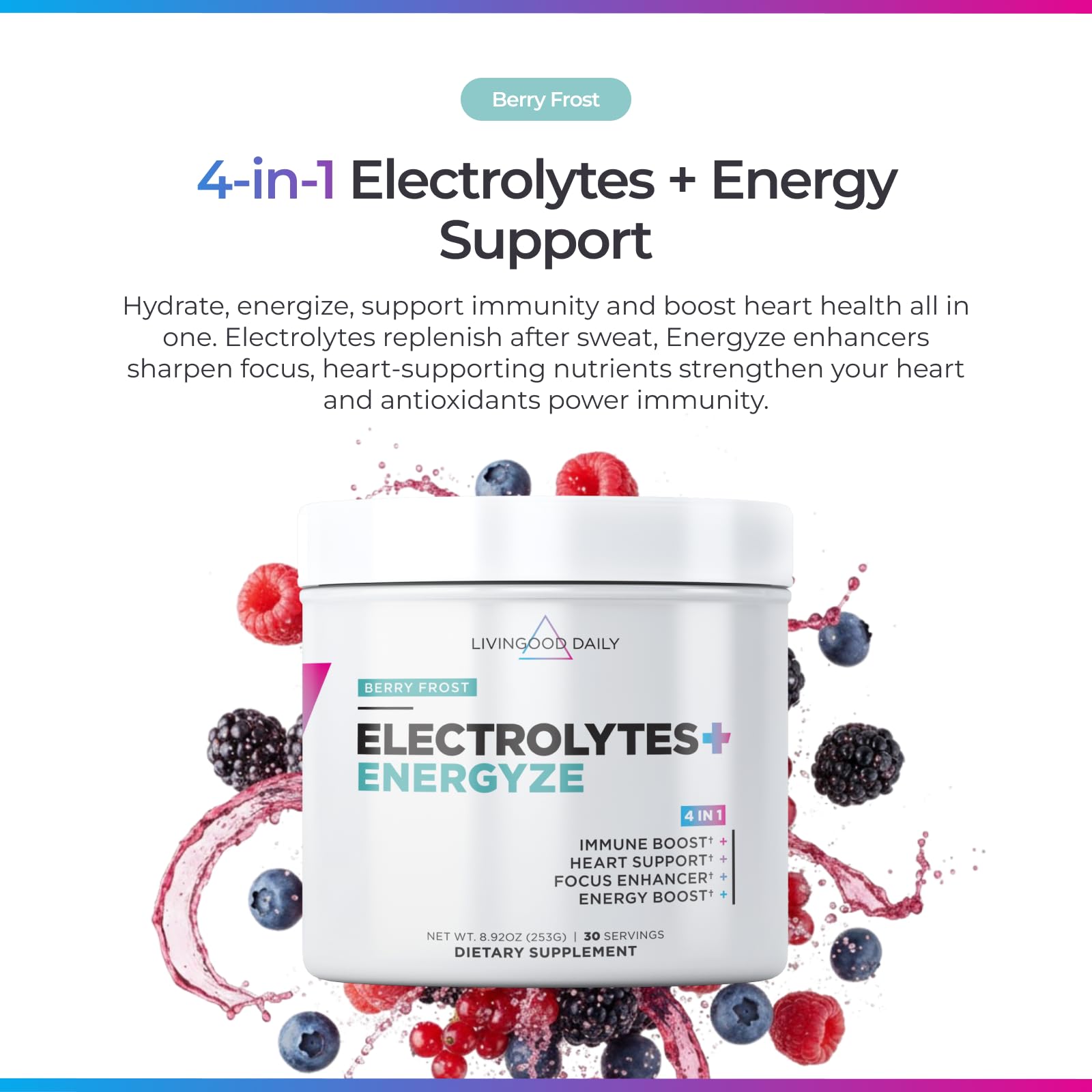 Livingood Daily electrolitos en vaso para hidratación rápida y equilibrada.