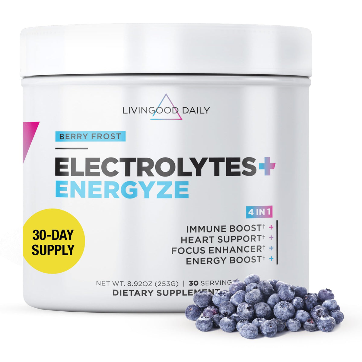 Livingood Daily electrolitos en polvo Frambuesa Helada para hidratación diaria sin azúcar.