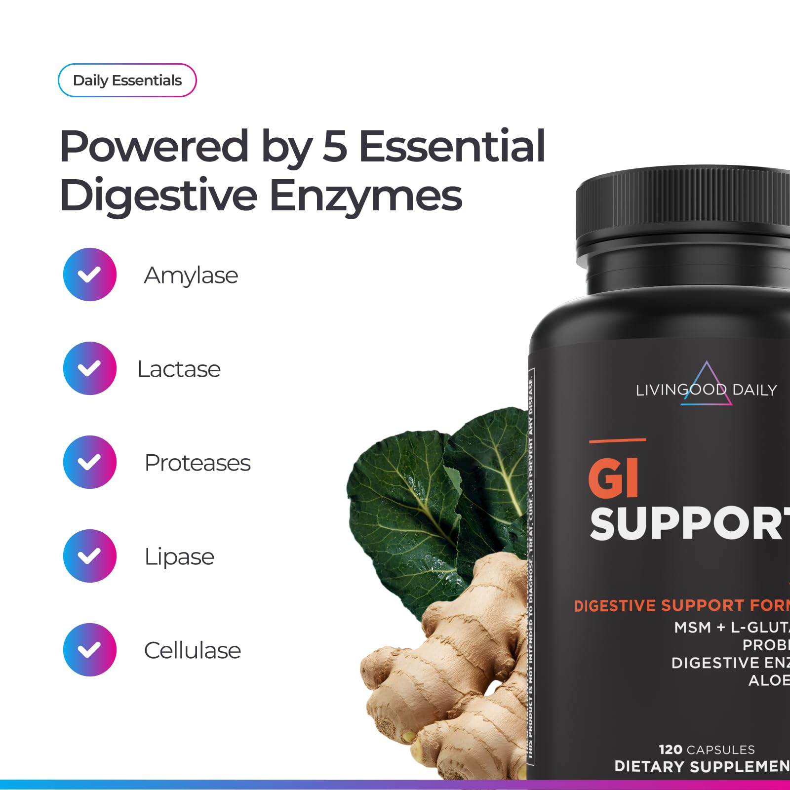 Livingood Daily enzimas digestivas en escena, facilitan la descomposición de nutrientes.