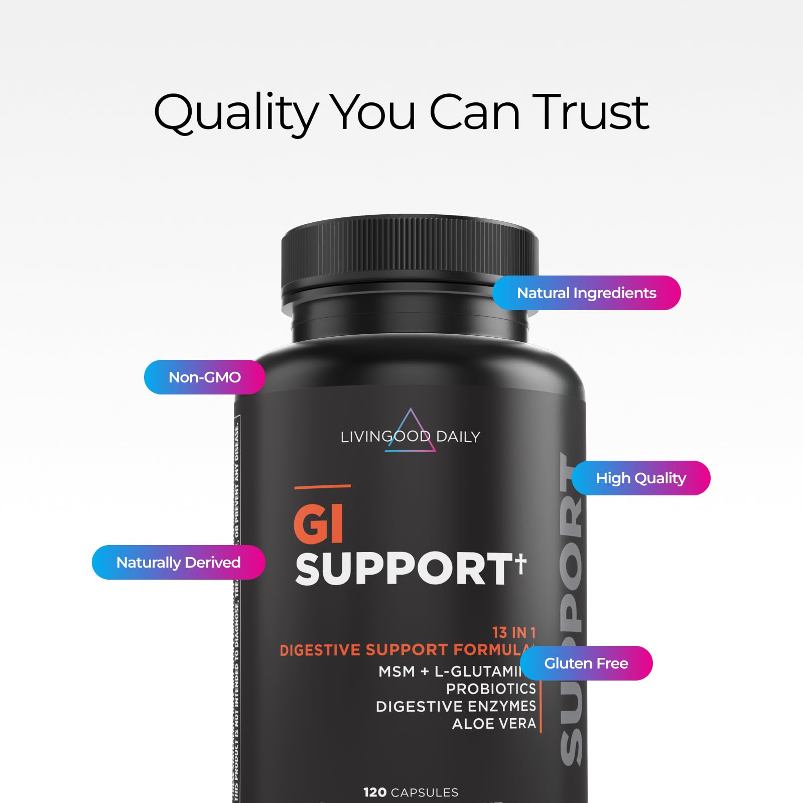Livingood Daily L-glutamina en foco, ayuda a la salud intestinal en uso diario.