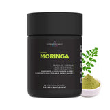 Livingood Daily Moringa: botella y etiqueta, soporte para rutina de bienestar diario.