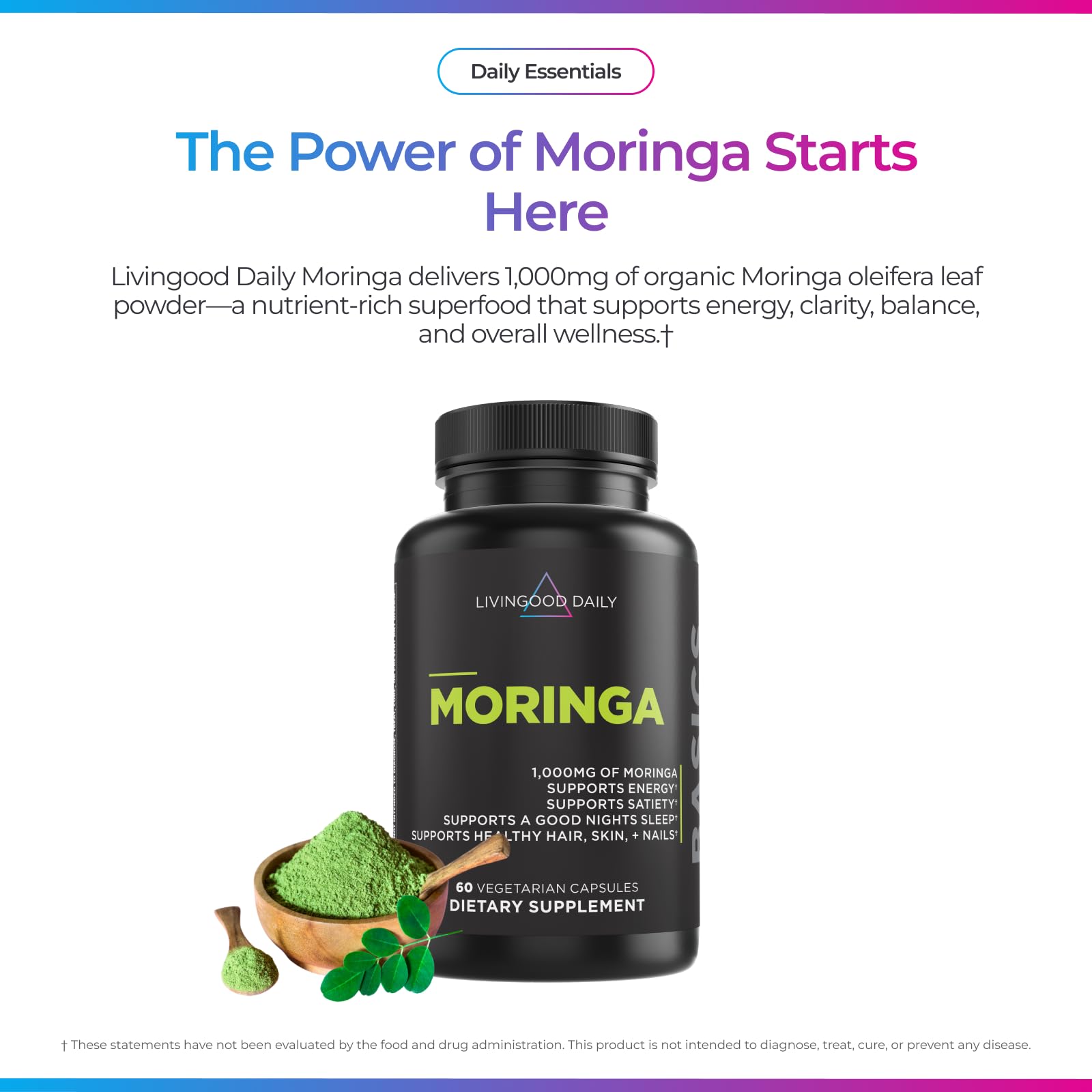 Livingood Daily Moringa: primer plano de cápsulas, fuente natural de aminoácidos y antioxidantes.