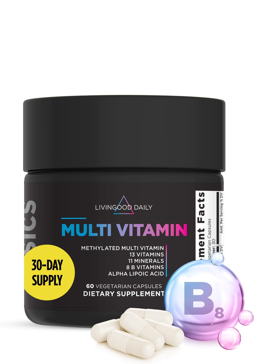 Livingood Daily Multivitamínico metilado: botella con cápsulas para energía diaria.