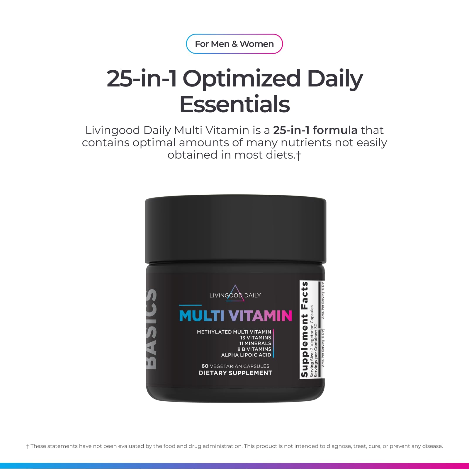 Livingood Daily Multivitamínico metilado: etiqueta frontal con información de la fórmula 25 en 1.