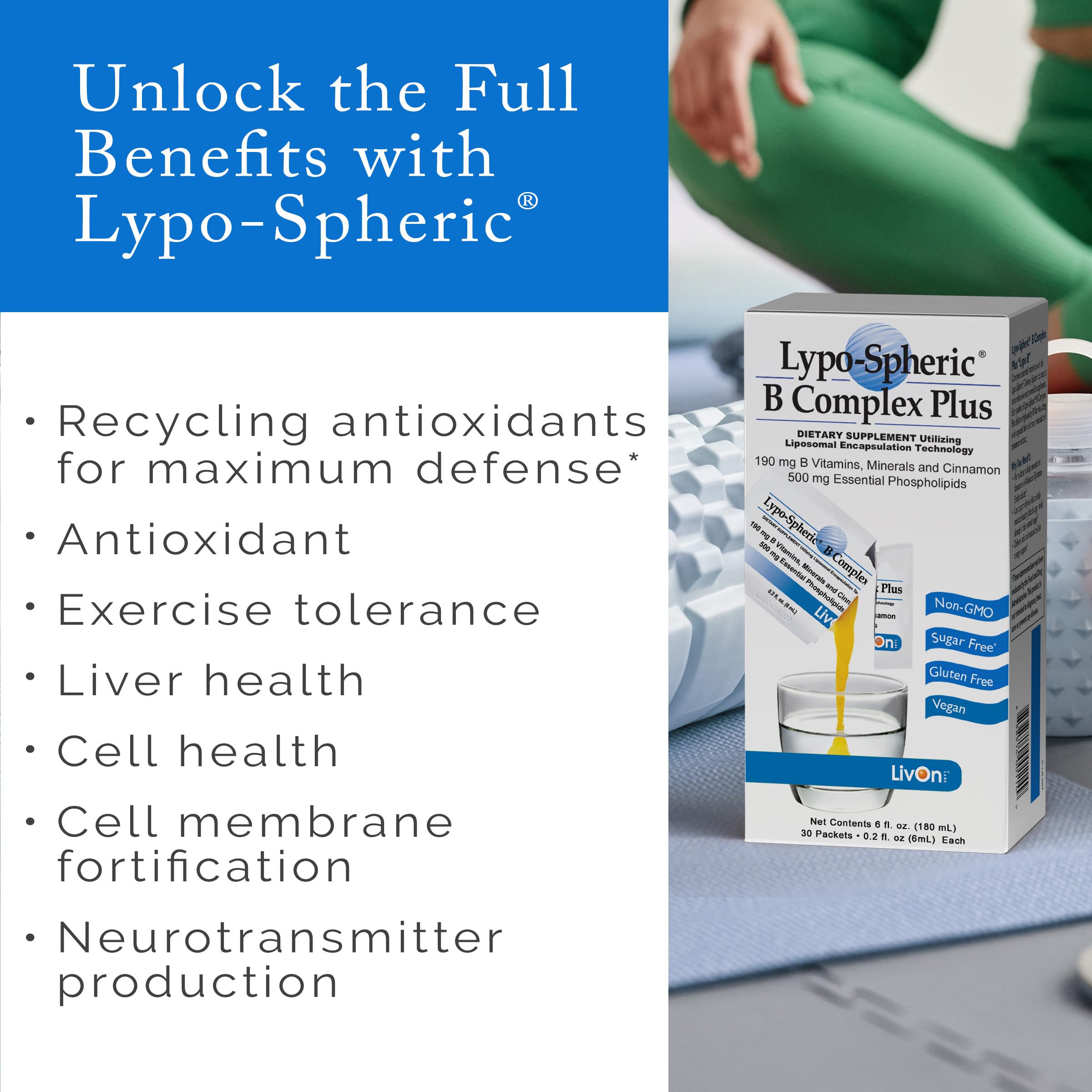 Botella y etiqueta de LivOn Lypo-Spheric B Complex Plus, fácil de identificar.