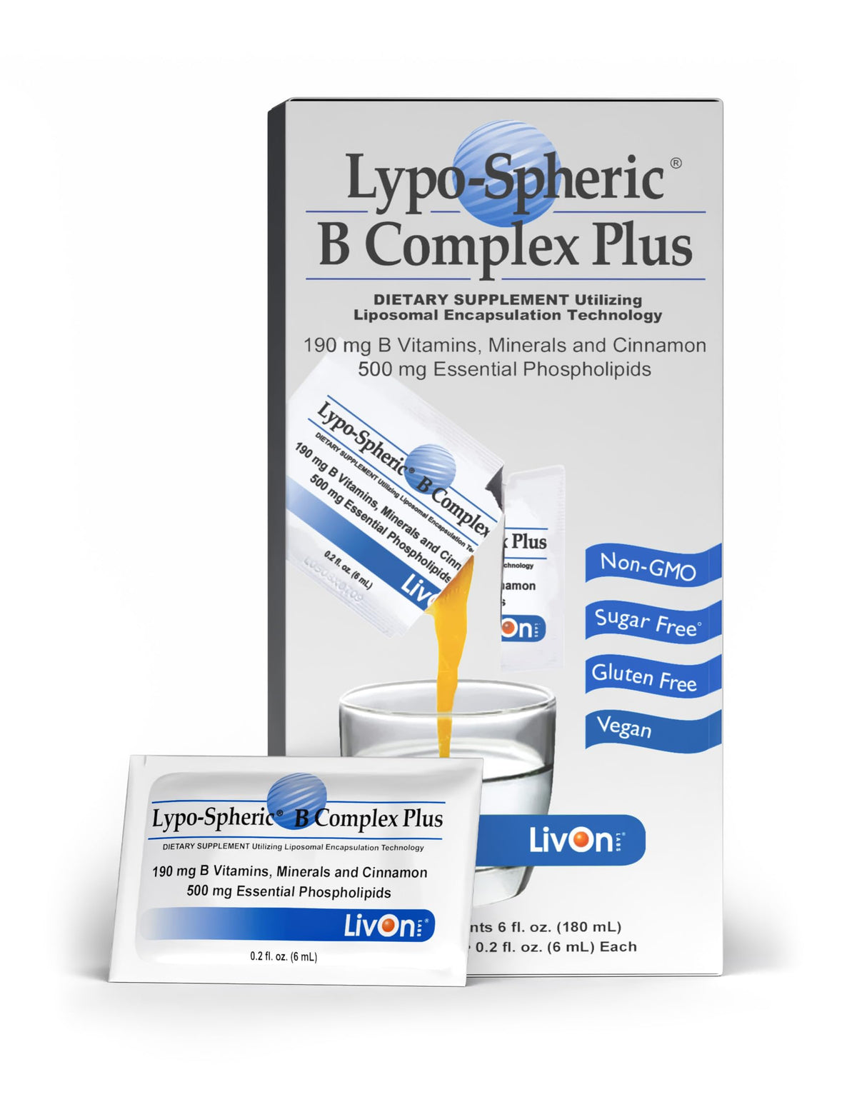 LivOn Lypo-Spheric B Complex Plus, paquetes 30, para absorción mejorada y toma rápida.