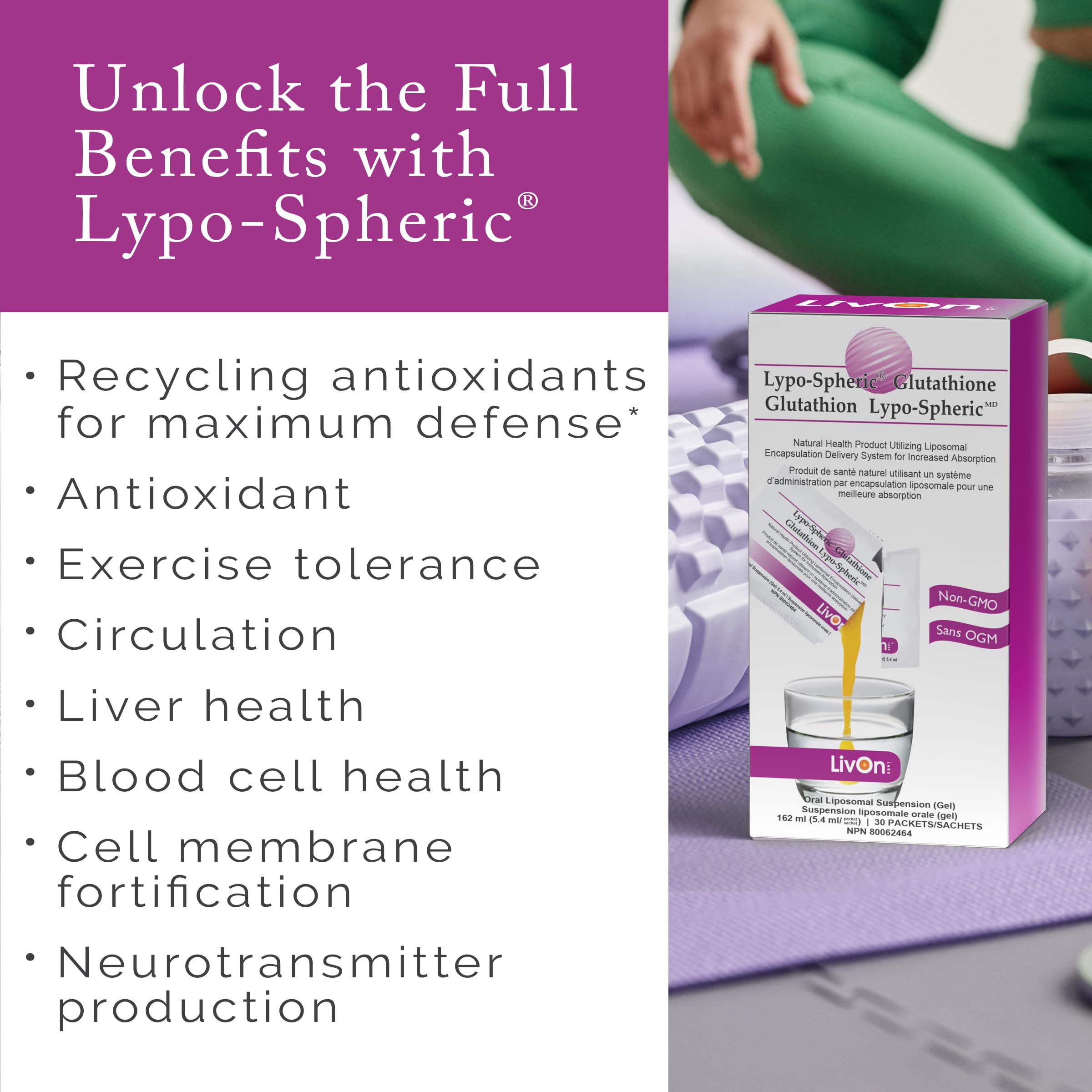 LivOn Glutatión liposomal, dos cartones visibles para conveniencia.