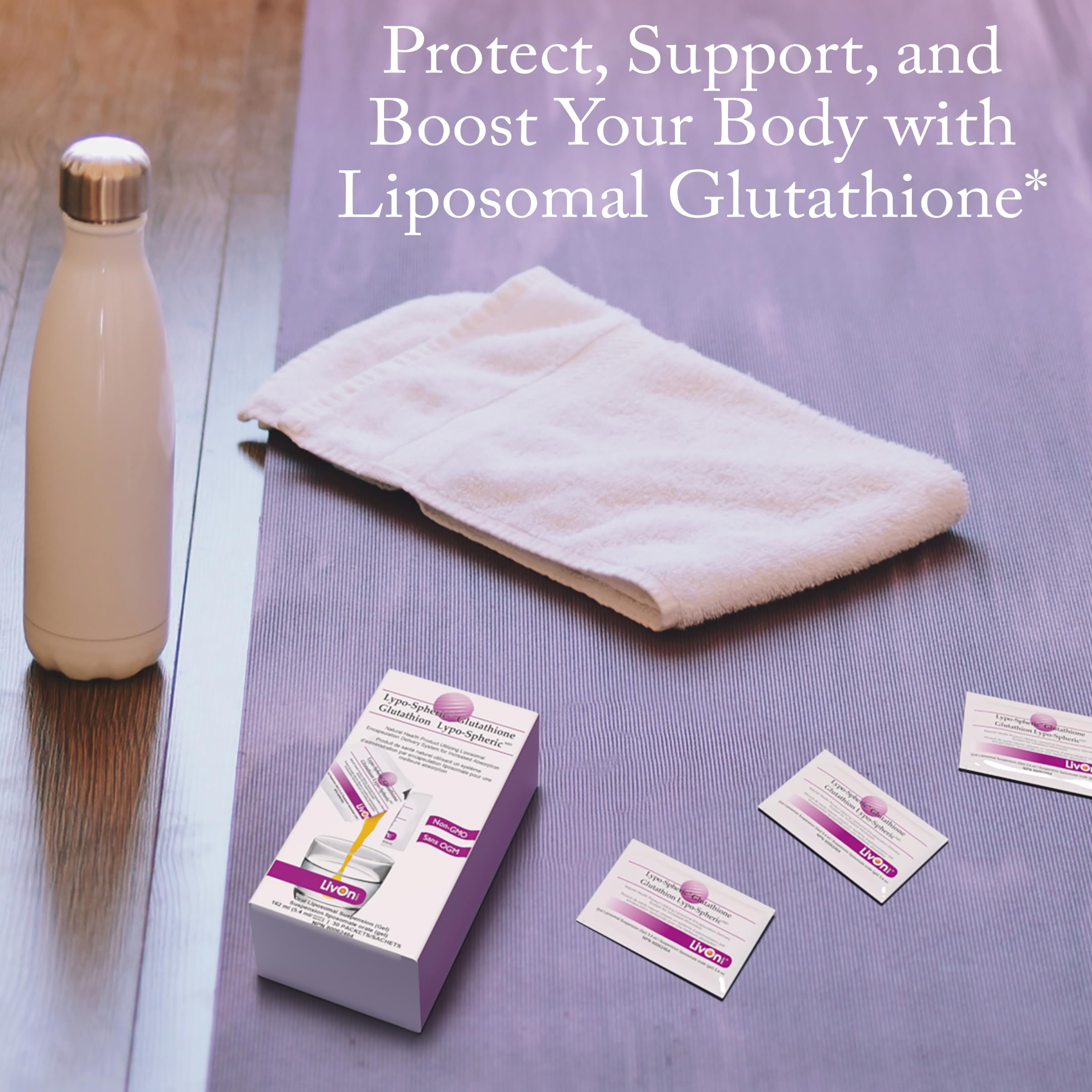 LivOn Glutatión liposomal, dosis de 450 mg por paquete para conveniencia.
