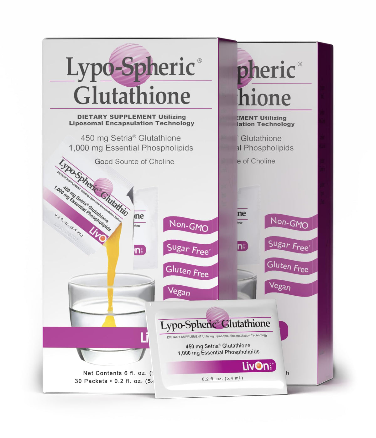 LivOn Glutatión liposomal, envases de 60 paquetes para uso diario.