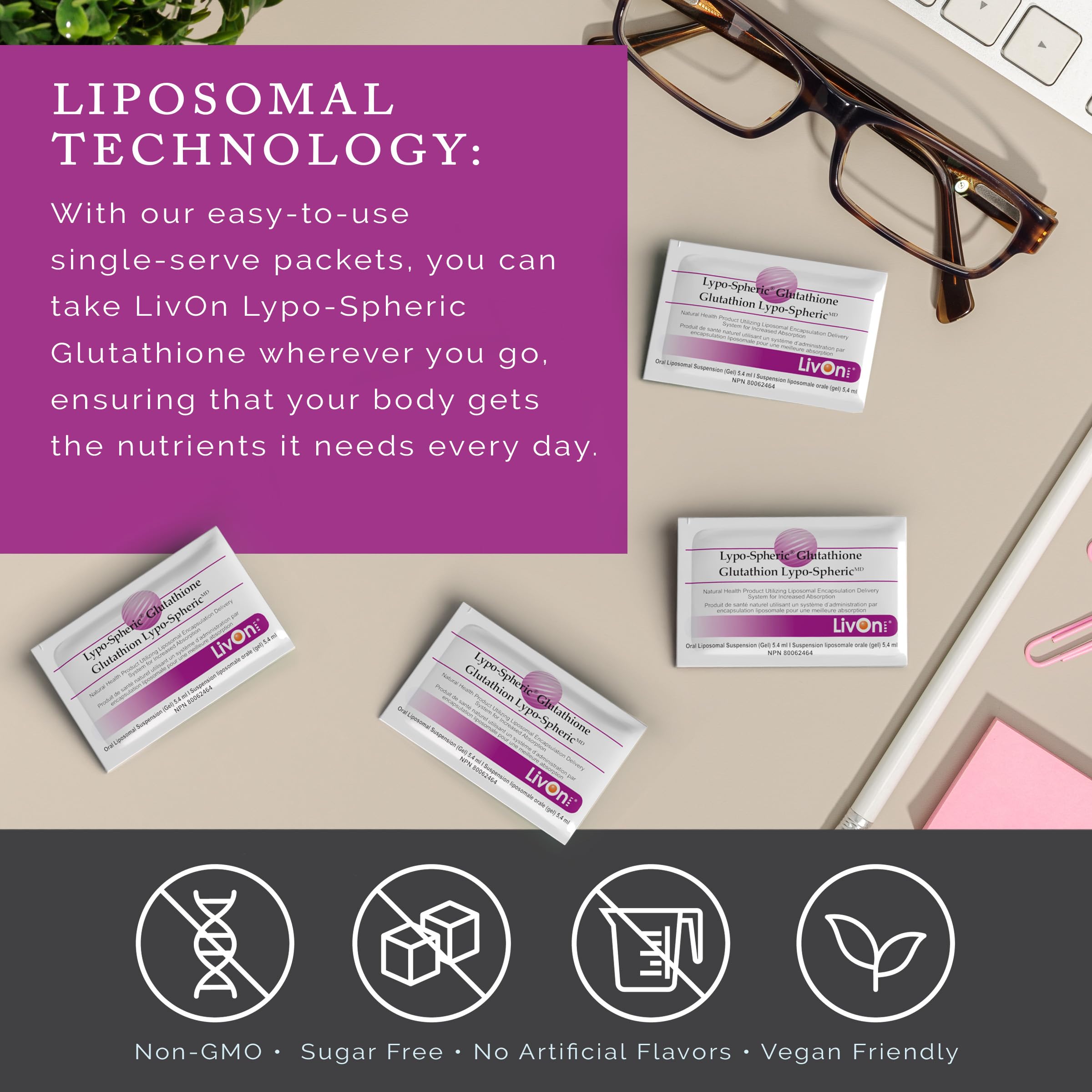 LivOn Glutatión liposomal, producto vegano y libre de alérgenos.
