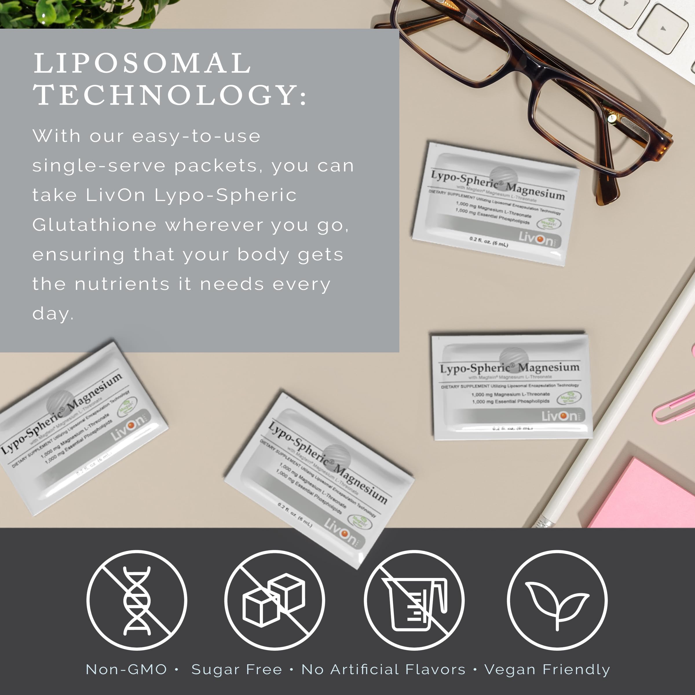 LivOn Lypo-Spheric Magnesium L-Threonate: enfoque liposomal para posible absorción mejorada.
