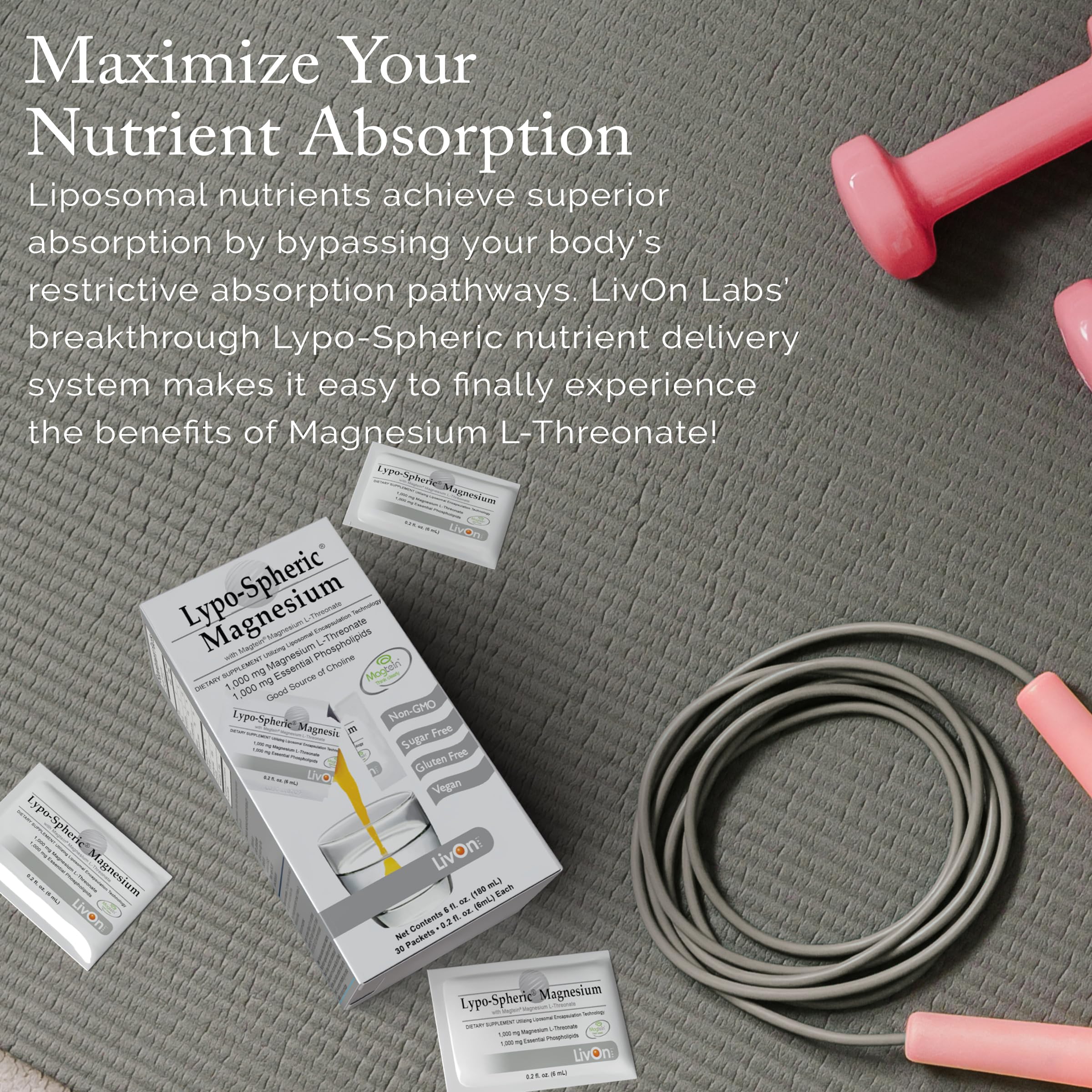 LivOn Lypo-Spheric Magnesium L-Threonate: 30 sobres listos para dosis rápida en agua fría.