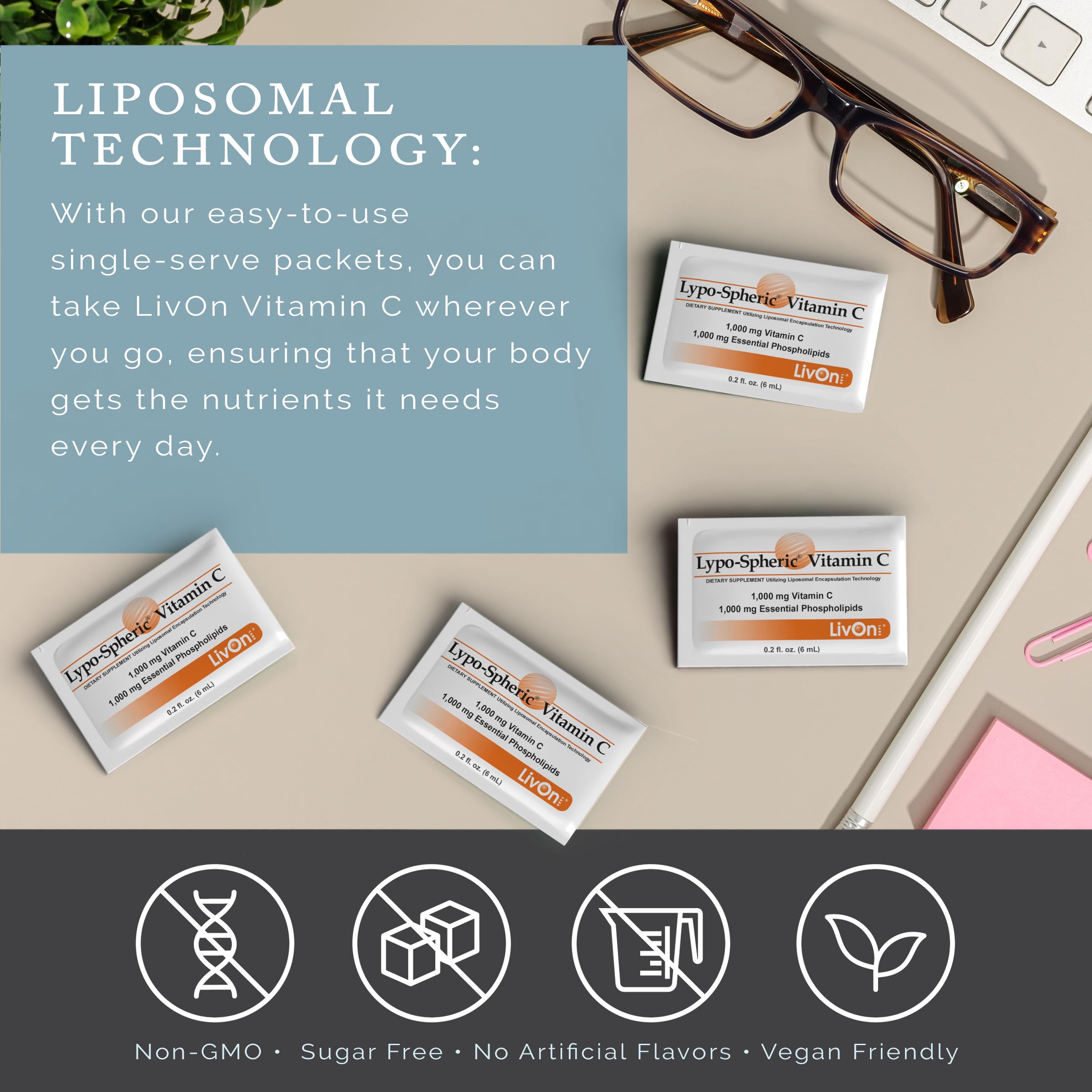 LivOn Vitamina C liposomal: dosis de 1000 mg para uso diario.