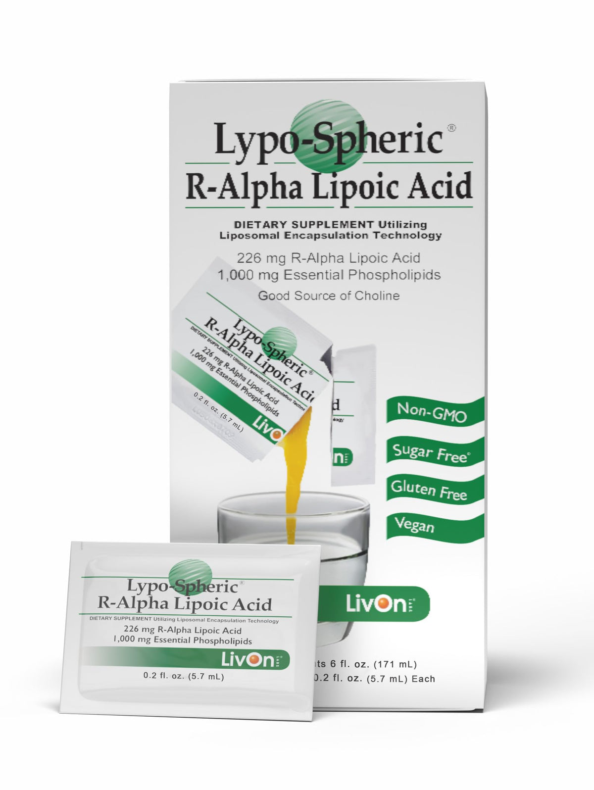 LivOn Lypo-Spheric ALA, sobres visibles, absorción mejorada.