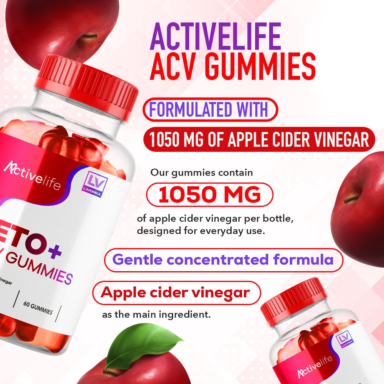 Botella de LIVORKA ActivLife Keto ACV gomitas con etiqueta clara.