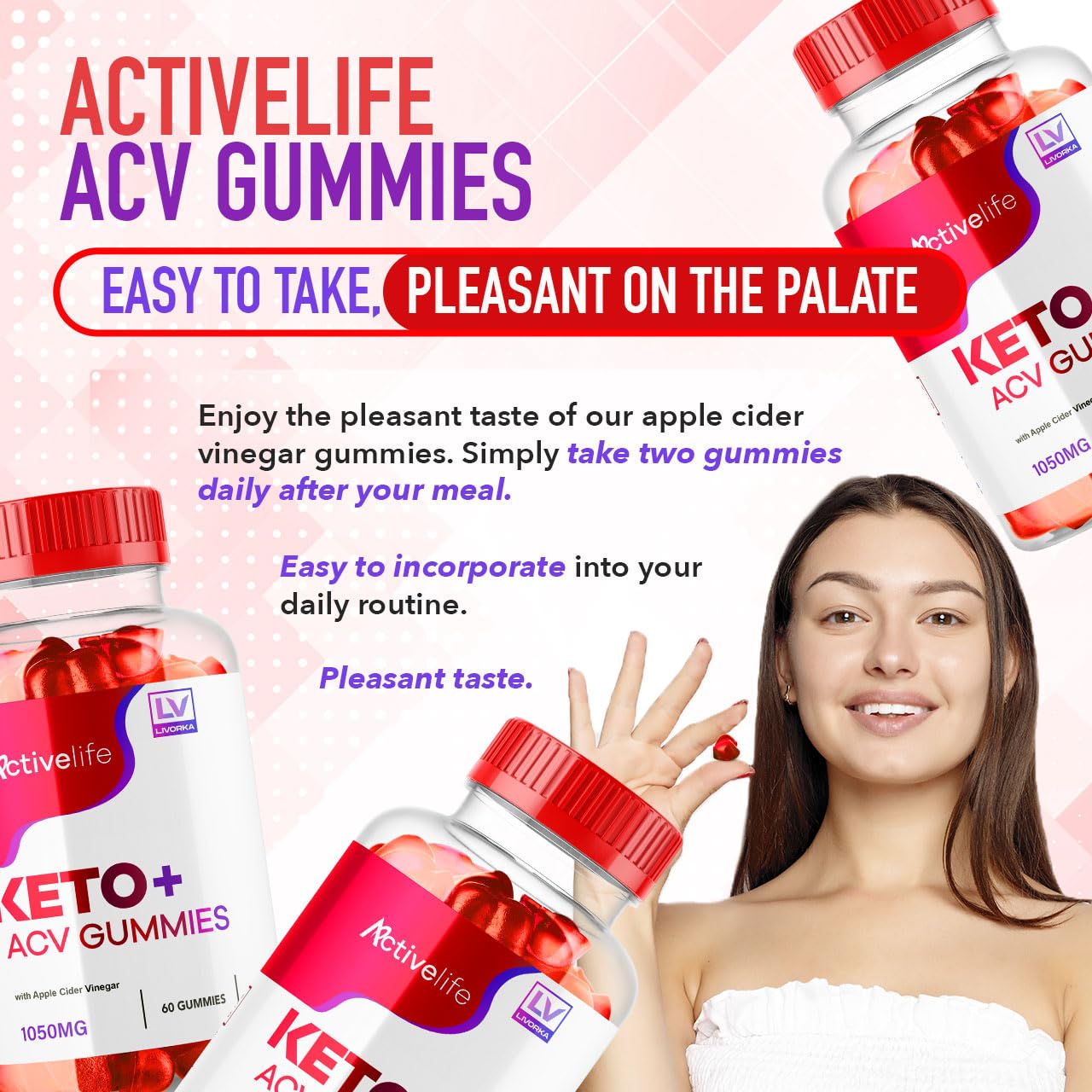 Dosificación recomendada de LIVORKA ActivLife Keto ACV gomitas para cada comida.