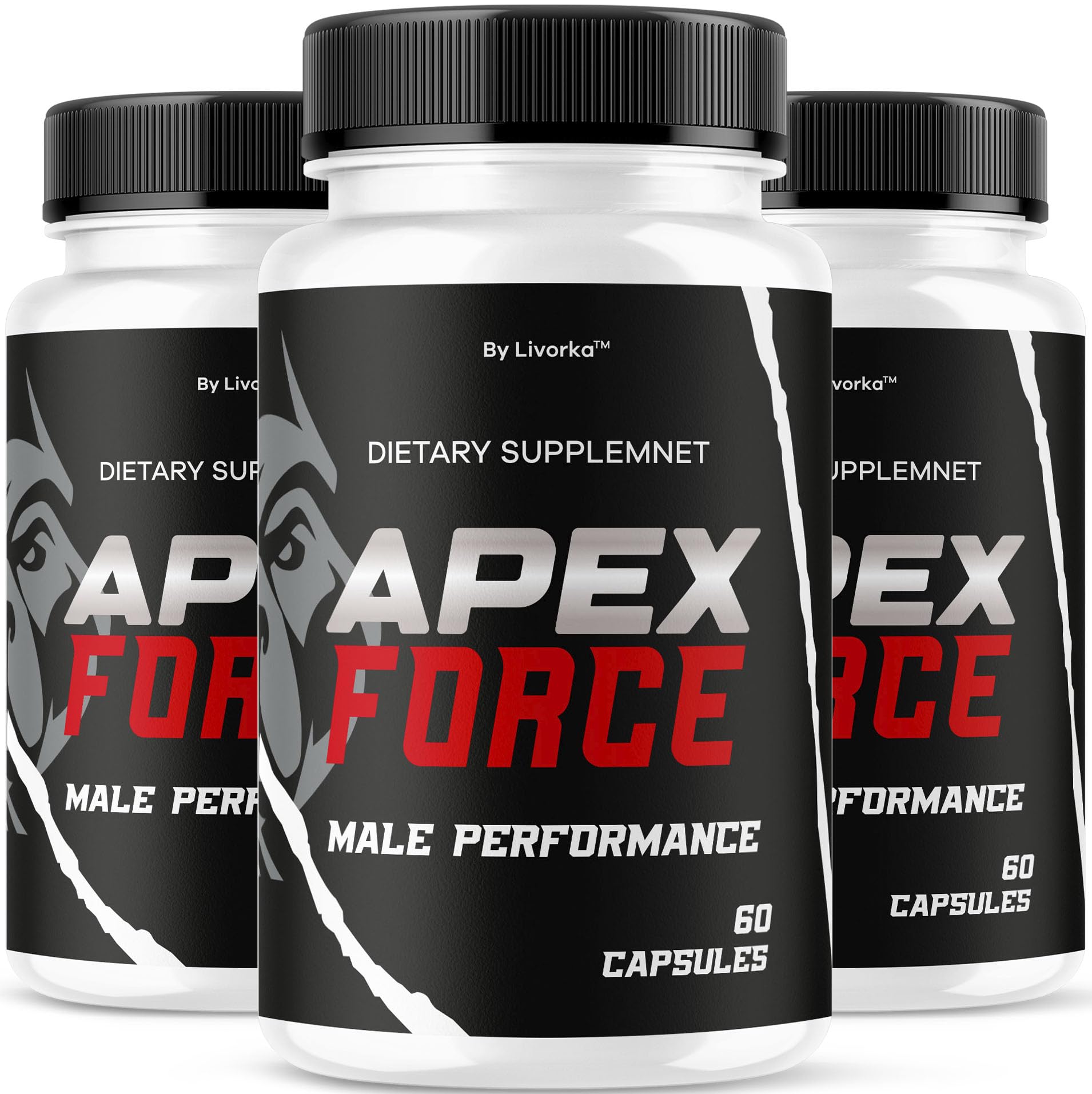 LIVORKA Apex Force: botella con 60 cápsulas, dosis diaria para vitalidad sostenida.