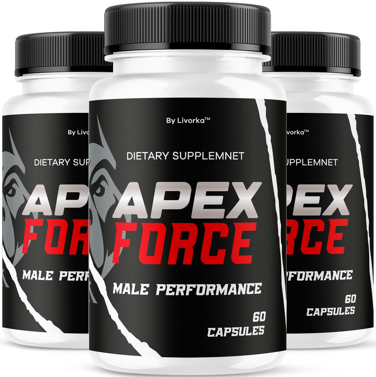 LIVORKA Apex Force: botella con 60 cápsulas, dosis diaria para vitalidad sostenida.