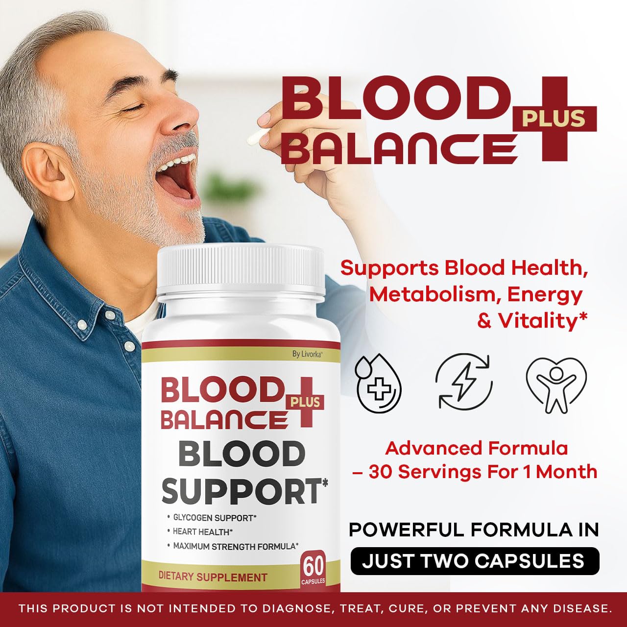 Frente de la botella BloodBalance Plus para fácil identificación