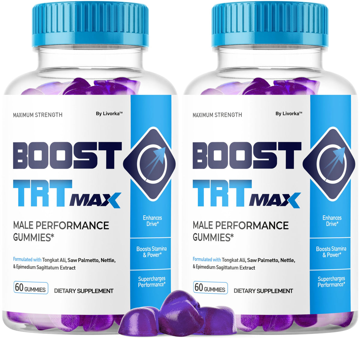 LIVORKA Boost TRT Max: botella de 60 gomitas para energía diaria y rendimiento.