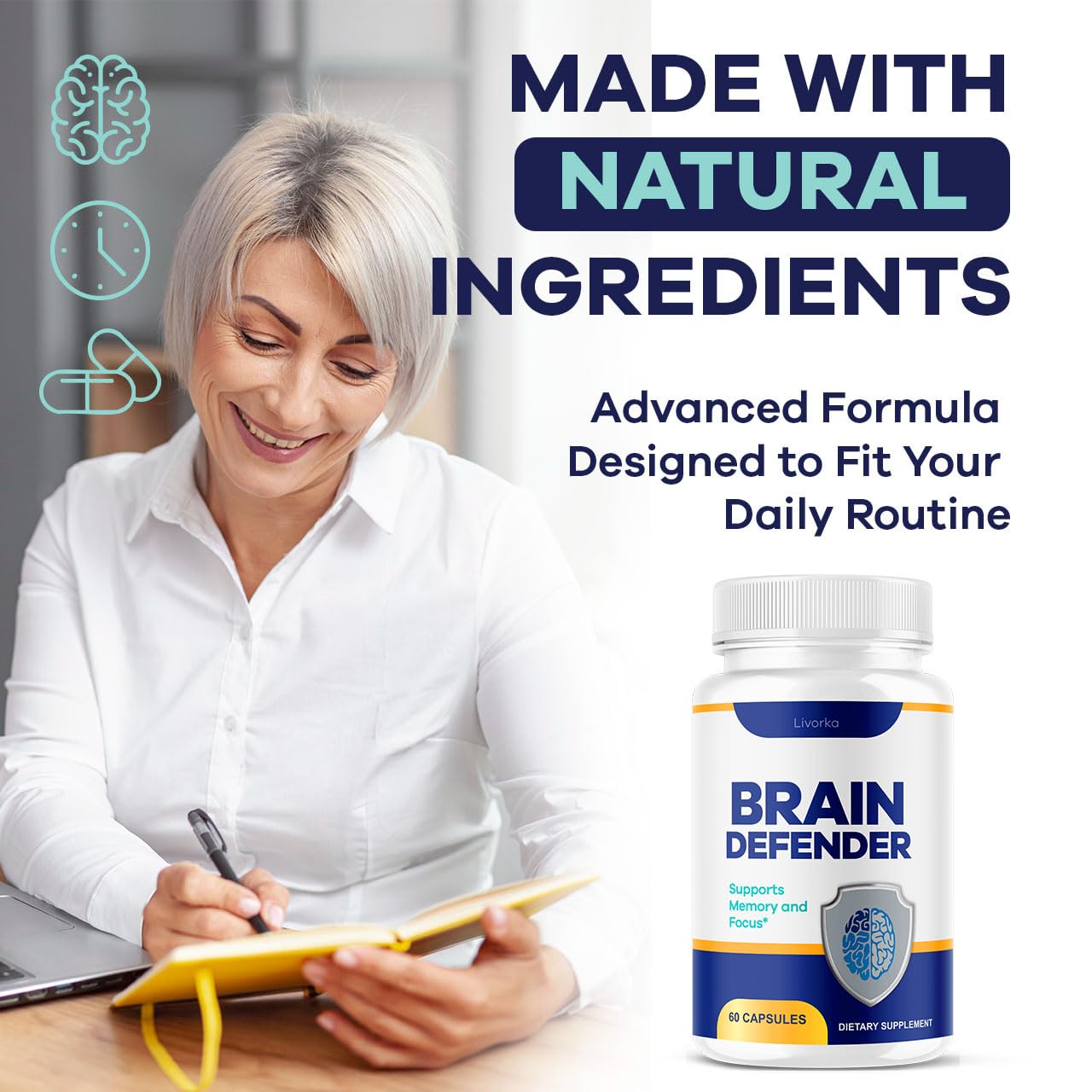 LIVORKA Brain Defender: dos cápsulas por porción para uso diario.
