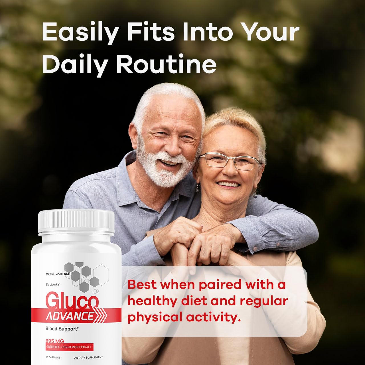 LIVORKA Gluco Advance: caja visible que destaca beneficios y uso.