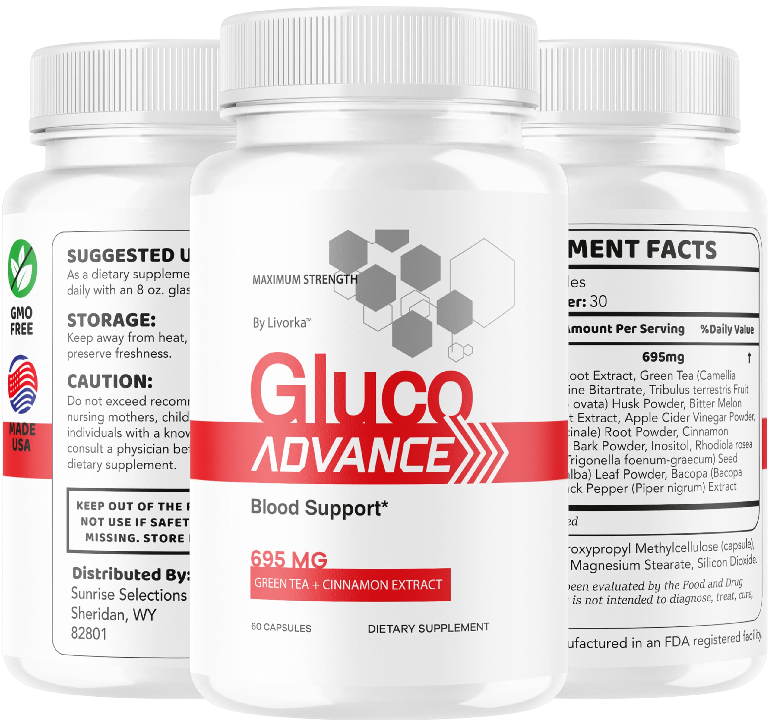 Cápsulas LIVORKA Gluco Advance junto a agua para consumo diario.
