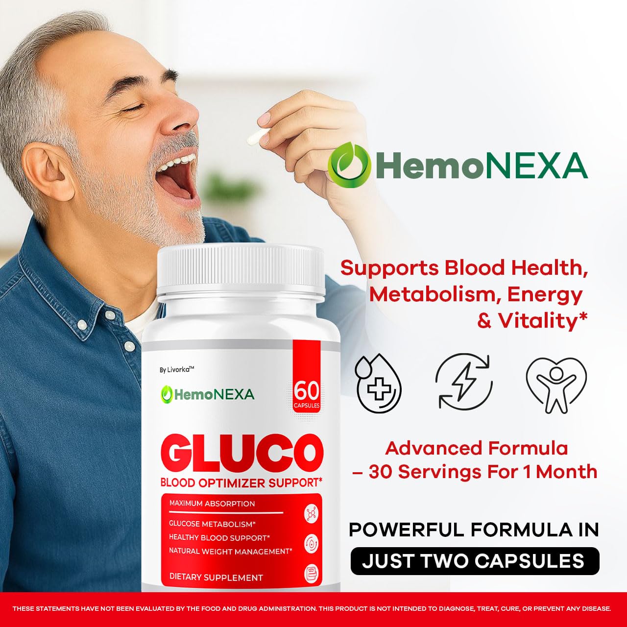 LIVORKA HemoNexa pack trasero con información de ingredientes naturales.