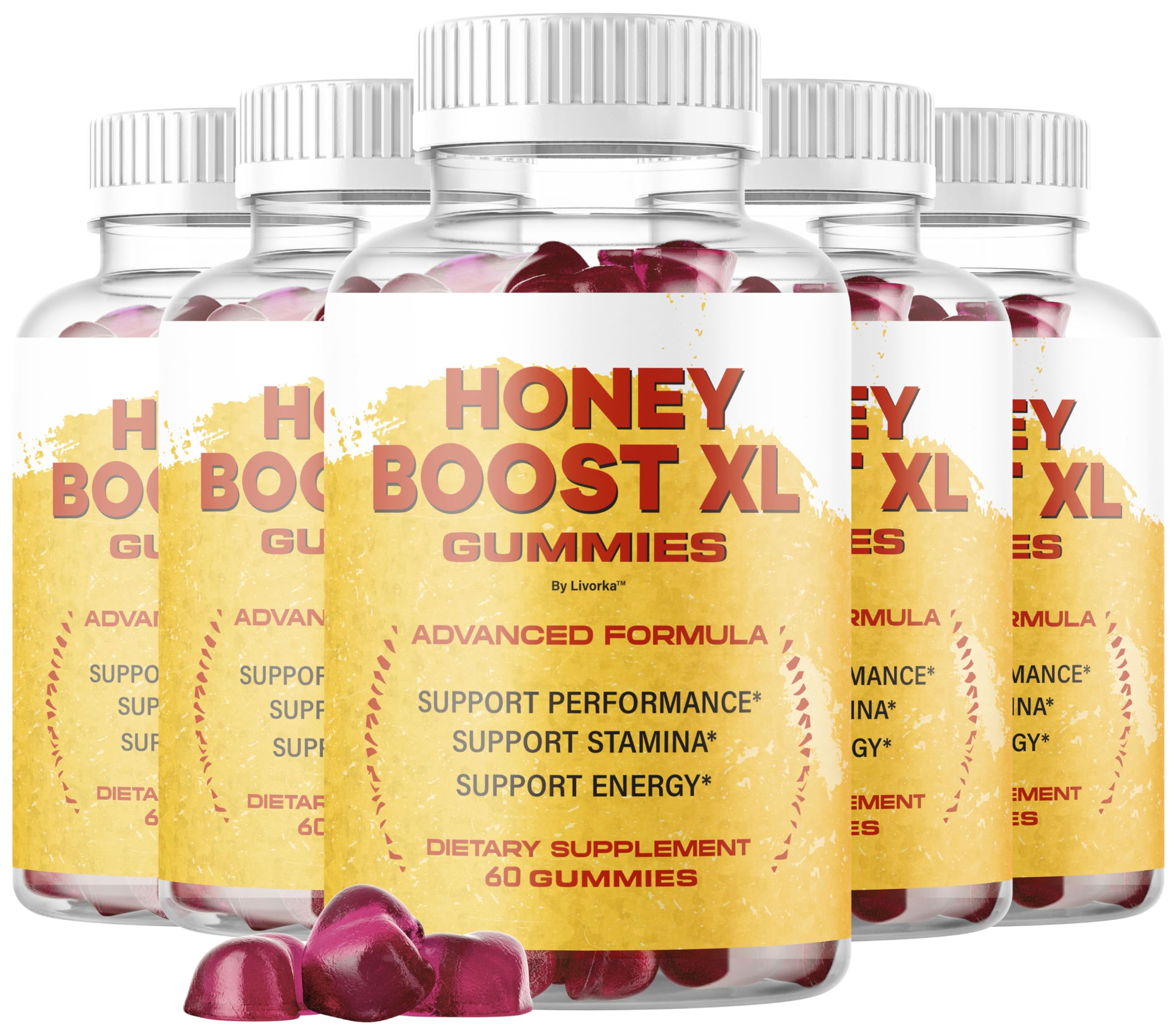 Gomitas LIVORKA Honey Boost XL en envase, consumo diario cómodo para energía sostenida.