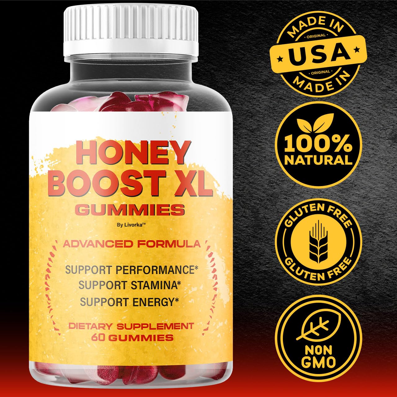 Presentación de 5 paquetes de gomitas LIVORKA Honey Boost XL.