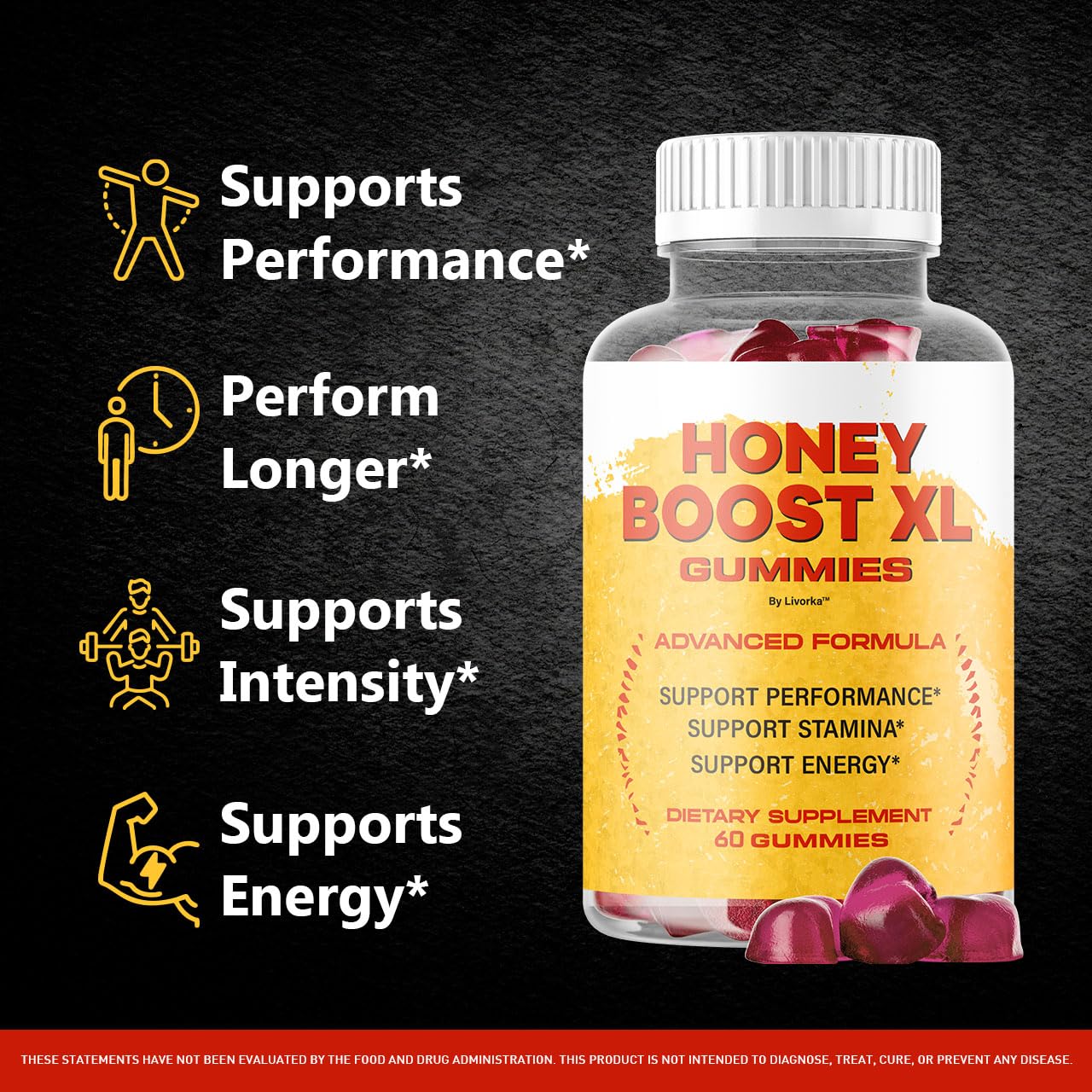 Gomitas LIVORKA Honey Boost XL, textura suave para masticar fácilmente.