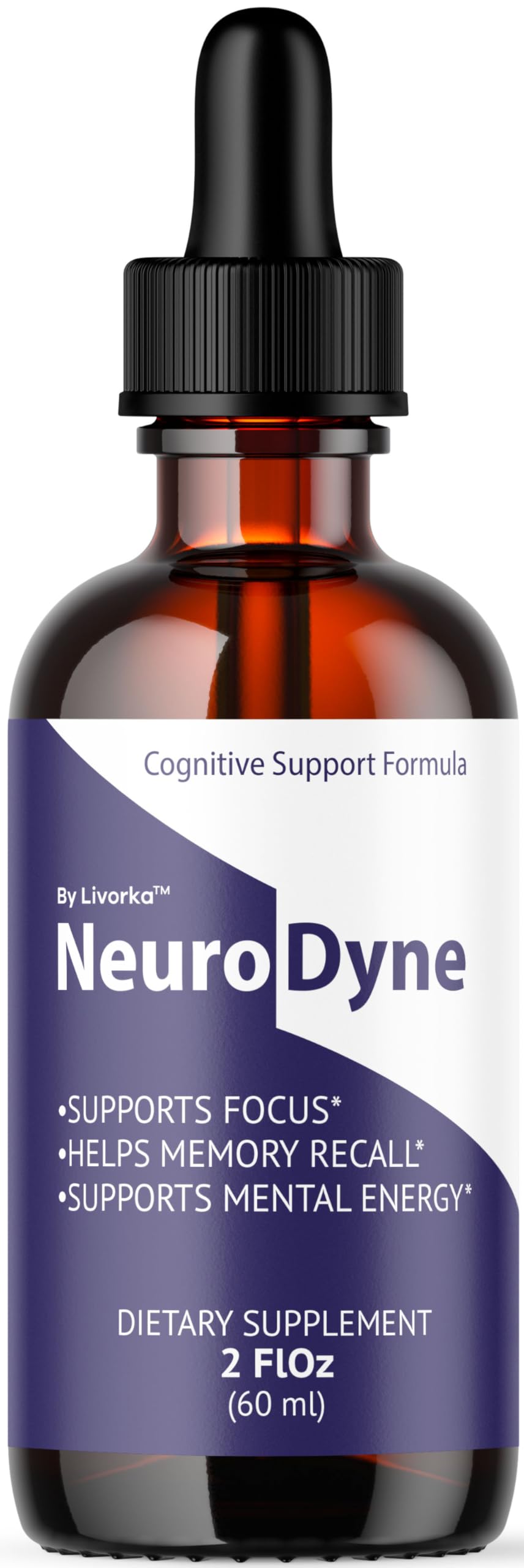 LIVORKA NeuroDyne, botella mostrando dosis, apoyo cognitivo diario y enfoque.
