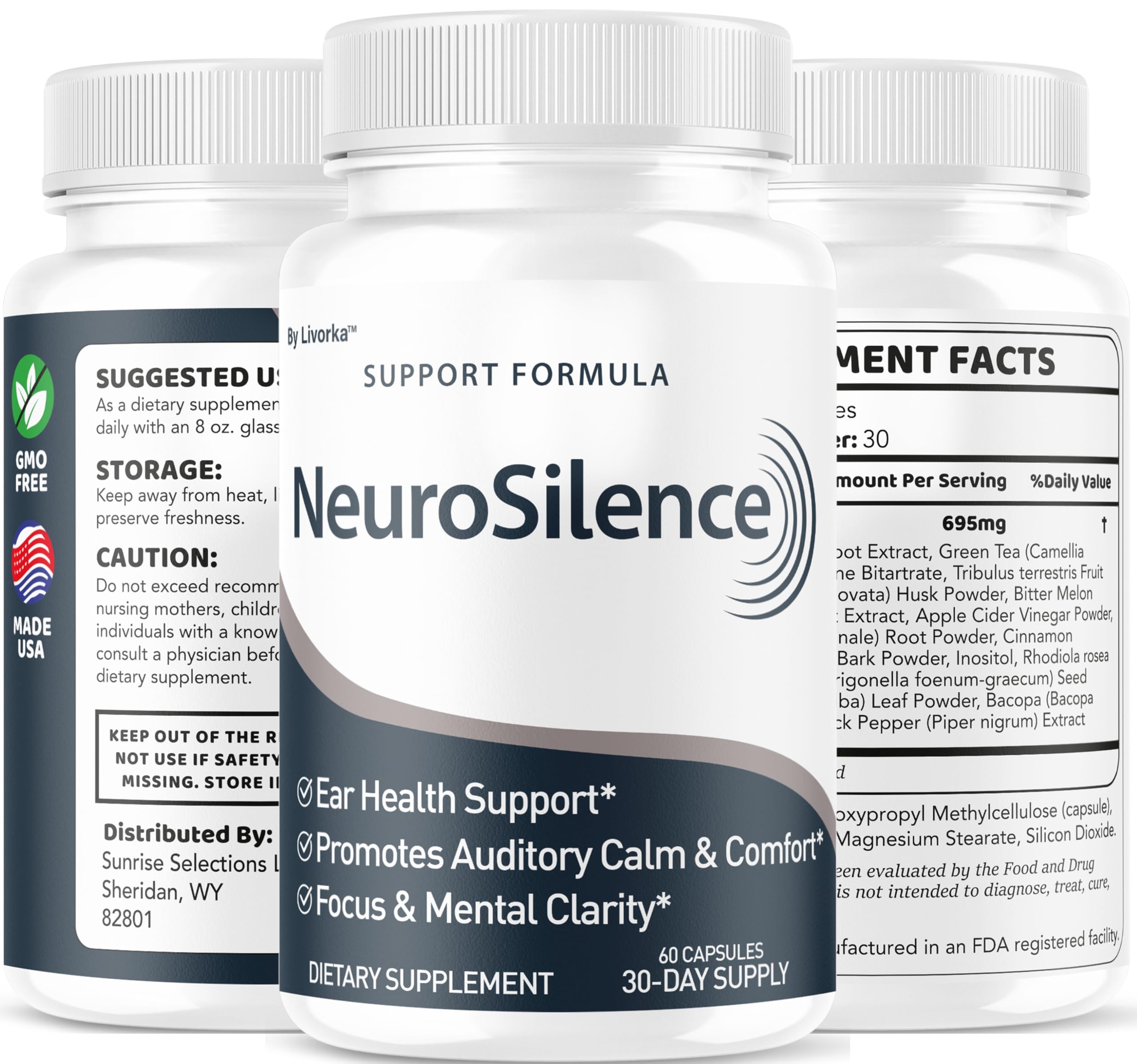 LIVORKA Neurosilence, embalaje USA GMP, producción segura y confiable.