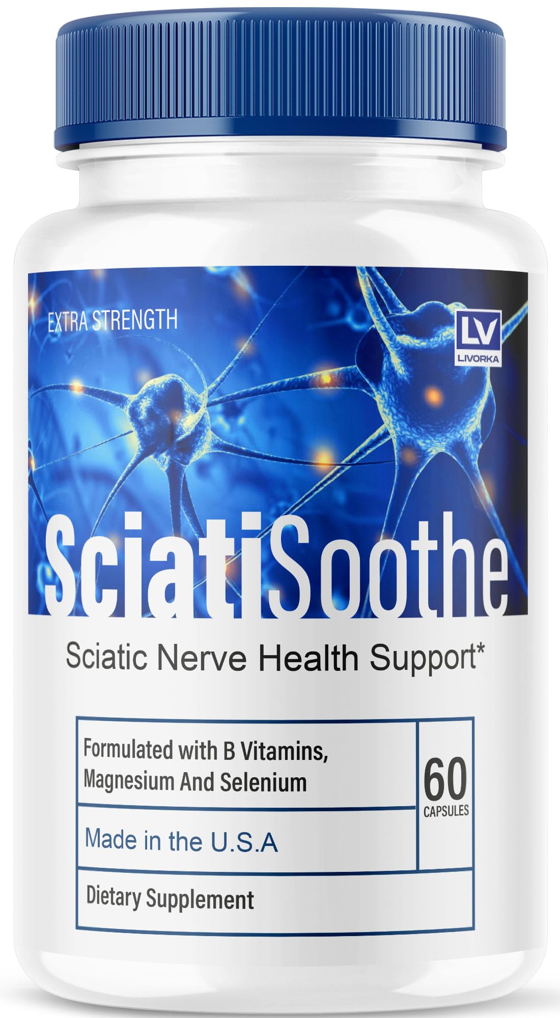 Livorka Sciatisoothe: botella con cápsulas para apoyo al bienestar diario.