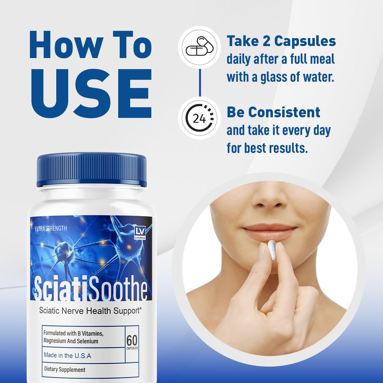 Livorka Sciatisoothe: etiqueta frontal, descripción clara para decisiones rápidas de compra.
