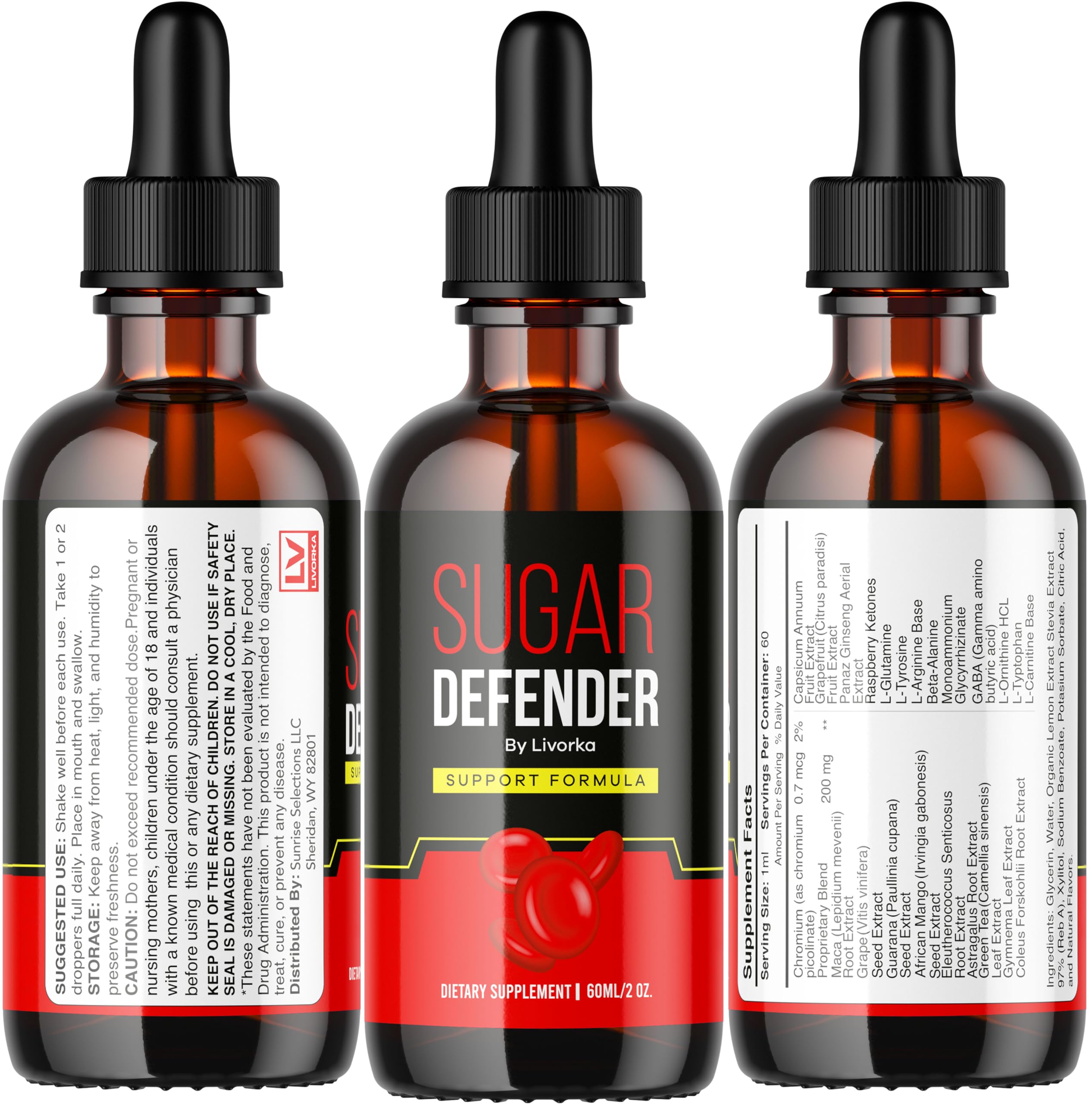 LIVORKA Sugar Defender, lista de ingredientes visible para transparencia.