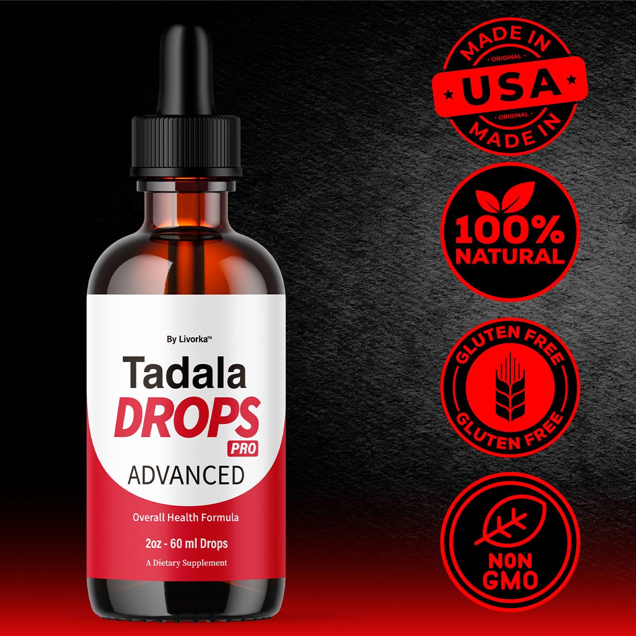 Livorka Tadala Drops Pro, gotero práctico para dosis controladas.