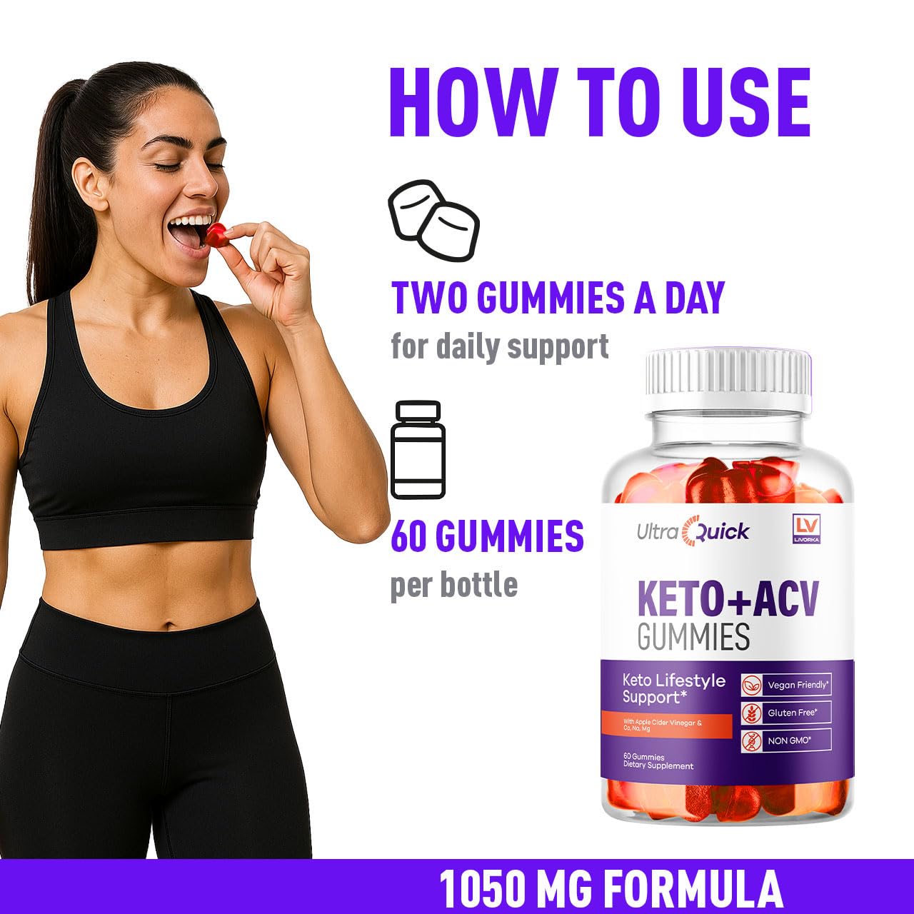Gomitas LIVORKA Ultra Quick Keto ACV, uso diario para acompañar hábitos cetogénicos.
