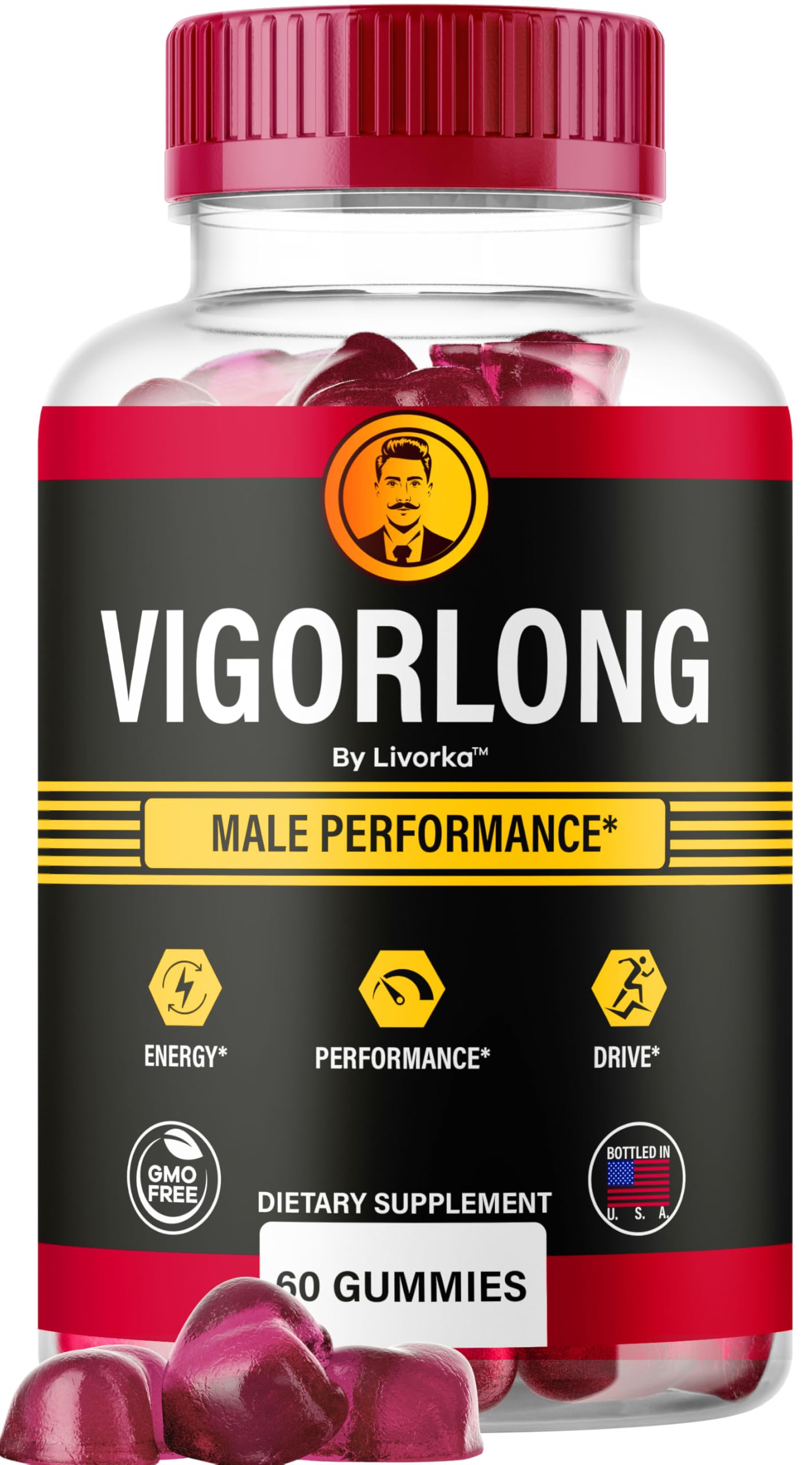 LIVORKA Vigorlong gomitas botella frontal, apoyo natural para energía diaria.
