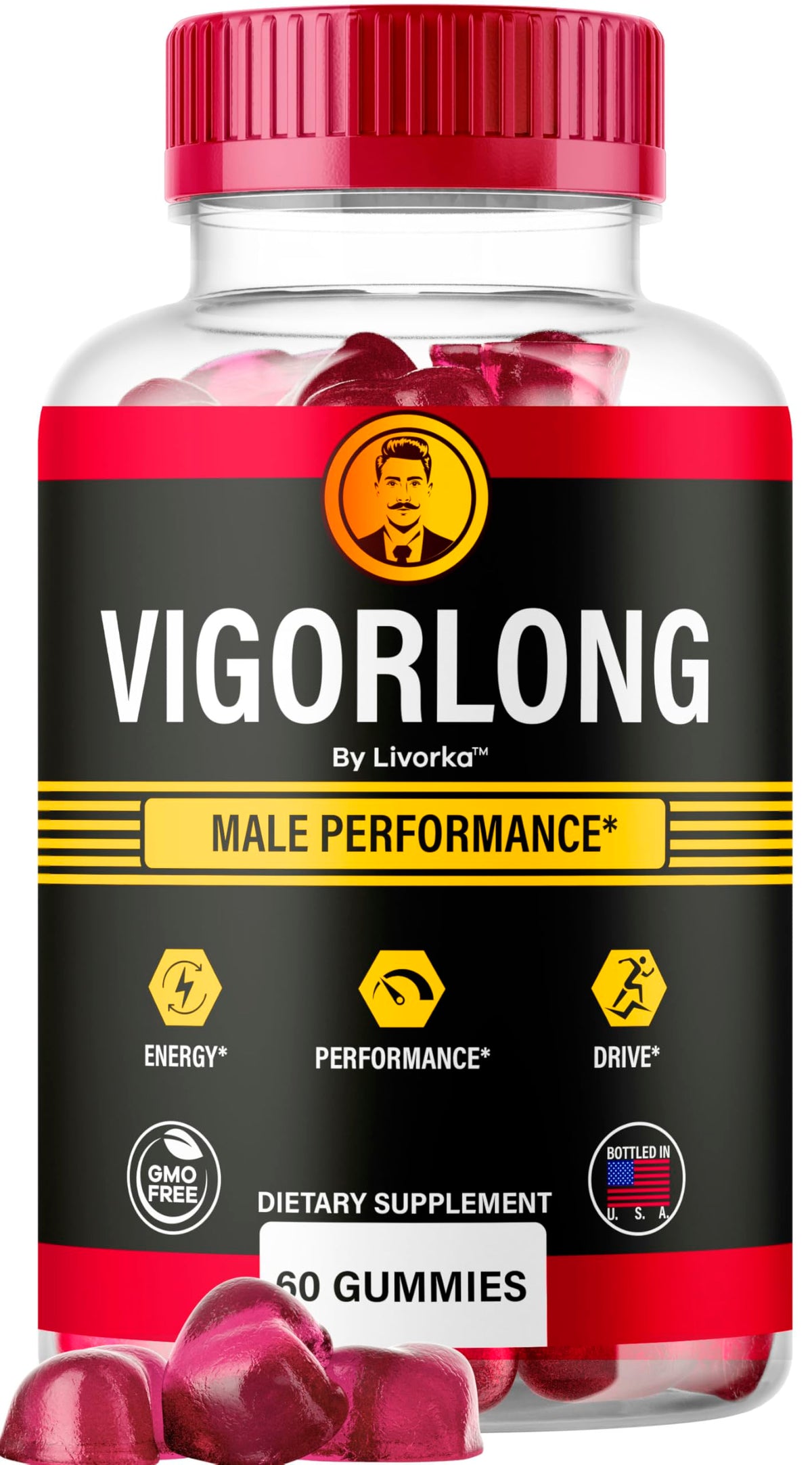 LIVORKA Vigorlong gomitas botella frontal, apoyo natural para energía diaria.