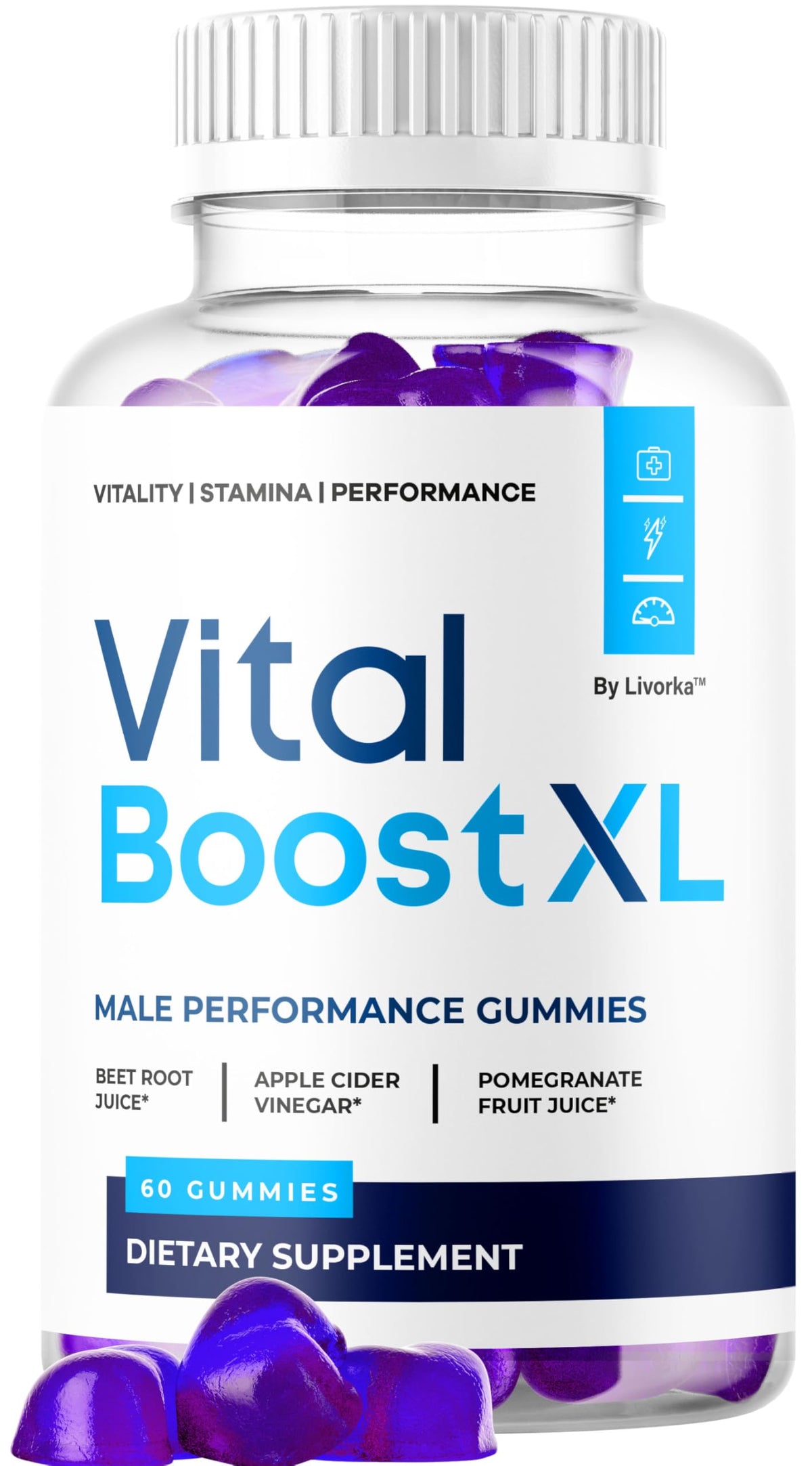 LIVORKA Vital Boost XL gomitas en botella para energía diaria.