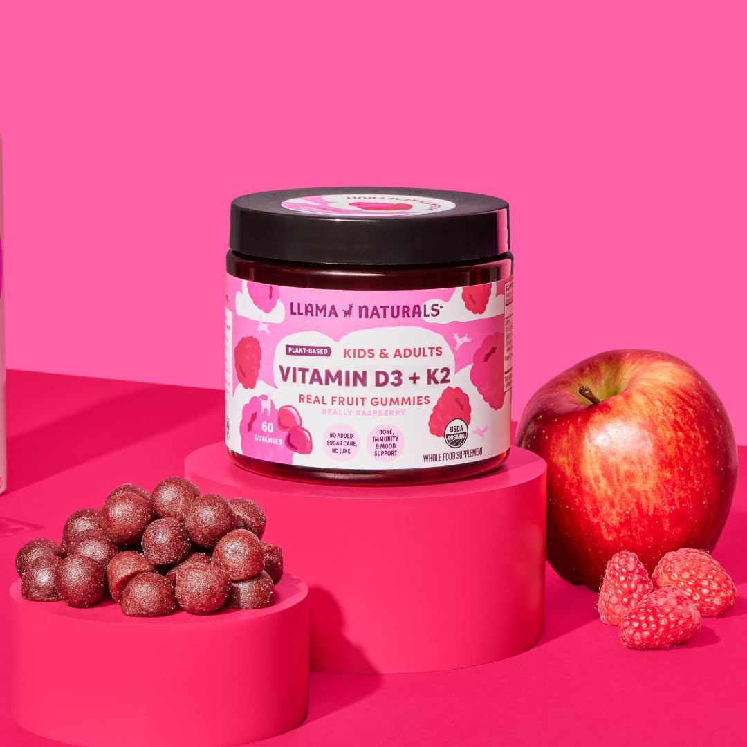 Gomitas Llama Naturals D3 K2 sabor frambuesa, ideal para la rutina diaria.