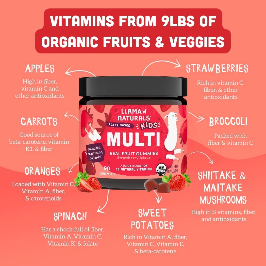 Llama Naturals con betacaroteno y vitaminas D y C para desarrollo saludable.