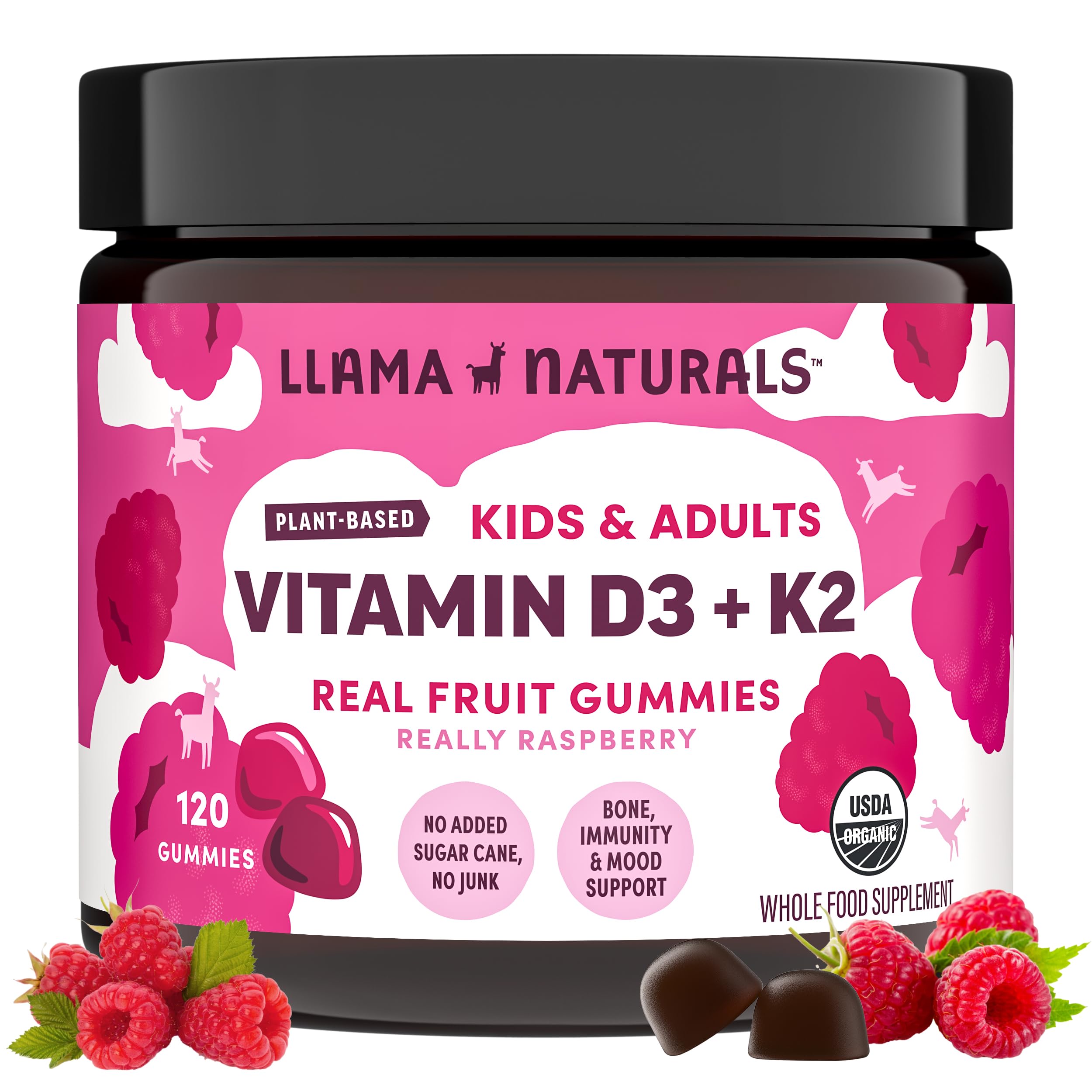 Gomitas Llama Naturals D3 K2 sabor frambuesa, apoyo diario para huesos.