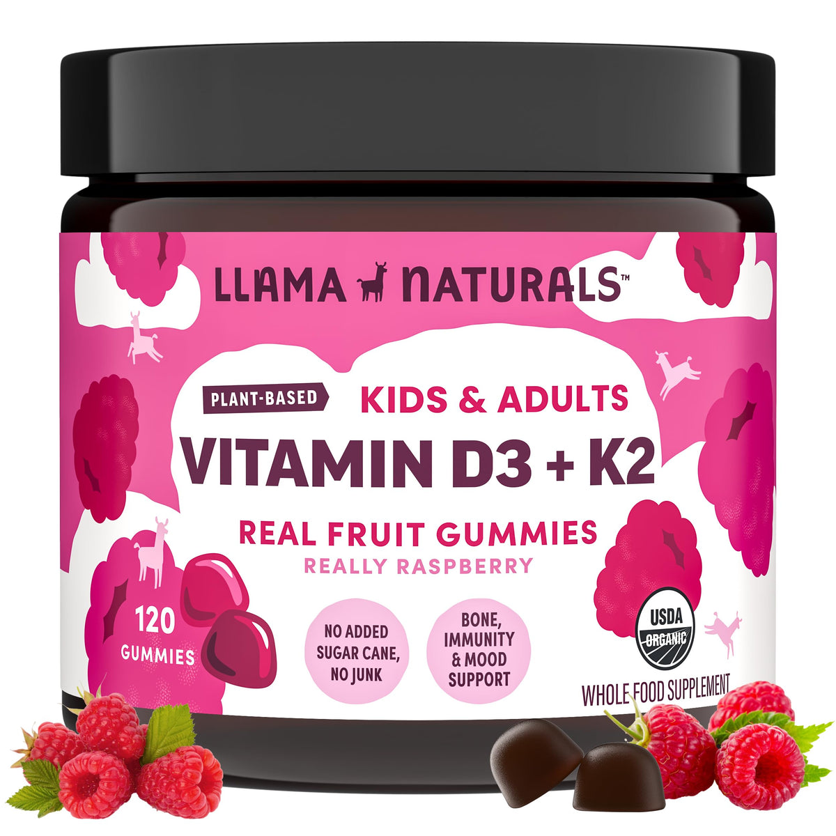 Gomitas Llama Naturals D3 K2 sabor frambuesa, apoyo diario para huesos.